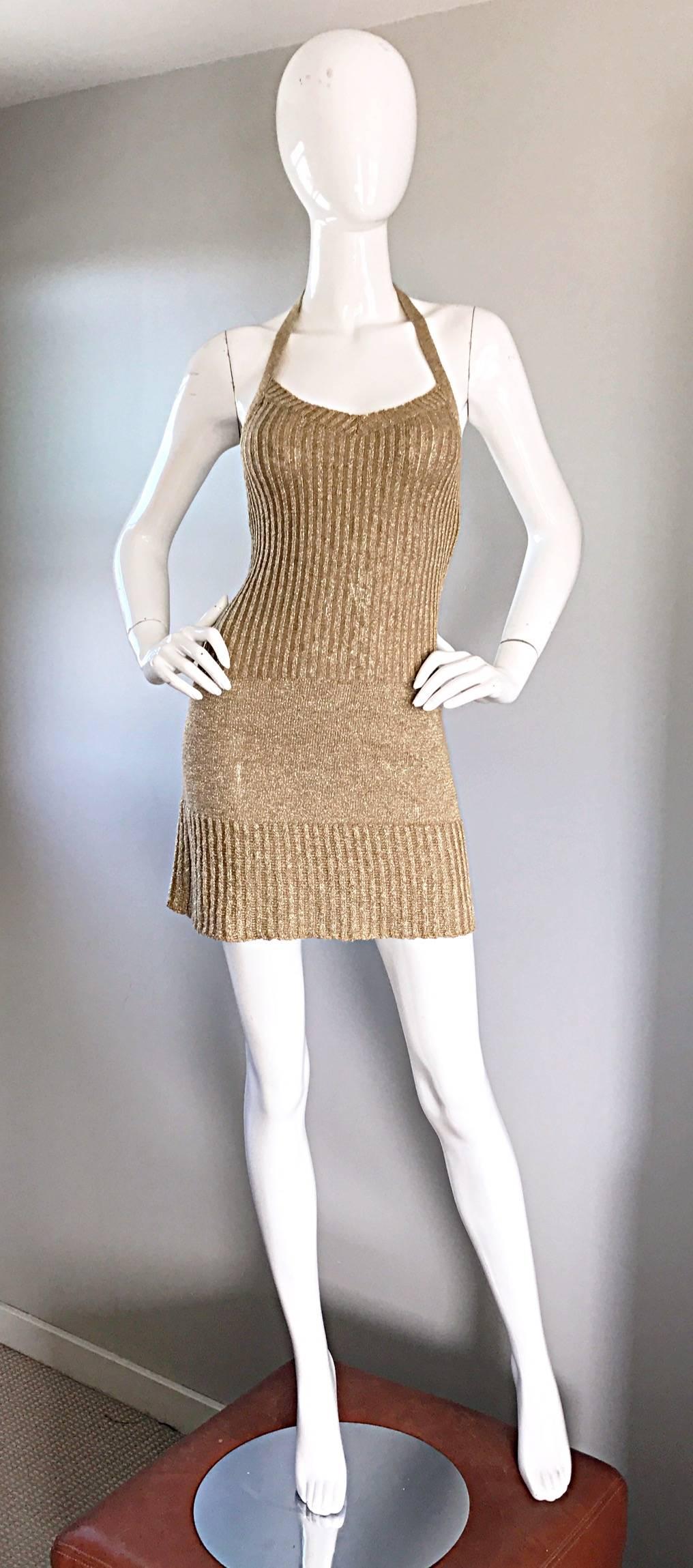 Vintage Moschino Cheap and Chic 1990s Gold Metallic Halter Neck Sweater Dress  3