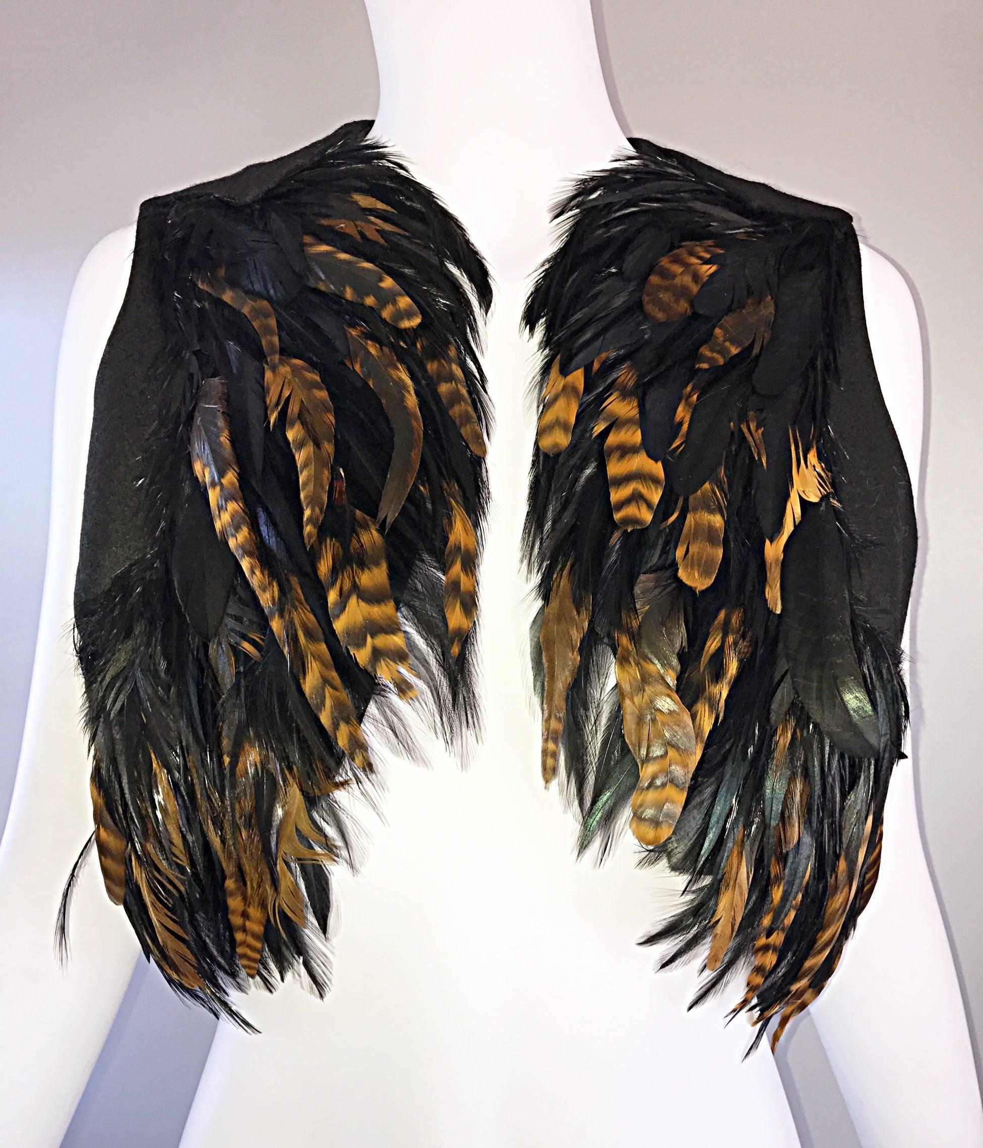 Amazing Vintage Joseph Magnin 1970s 70s Feather and Wool Cropped Vest Top In Excellent Condition In San Diego, CA