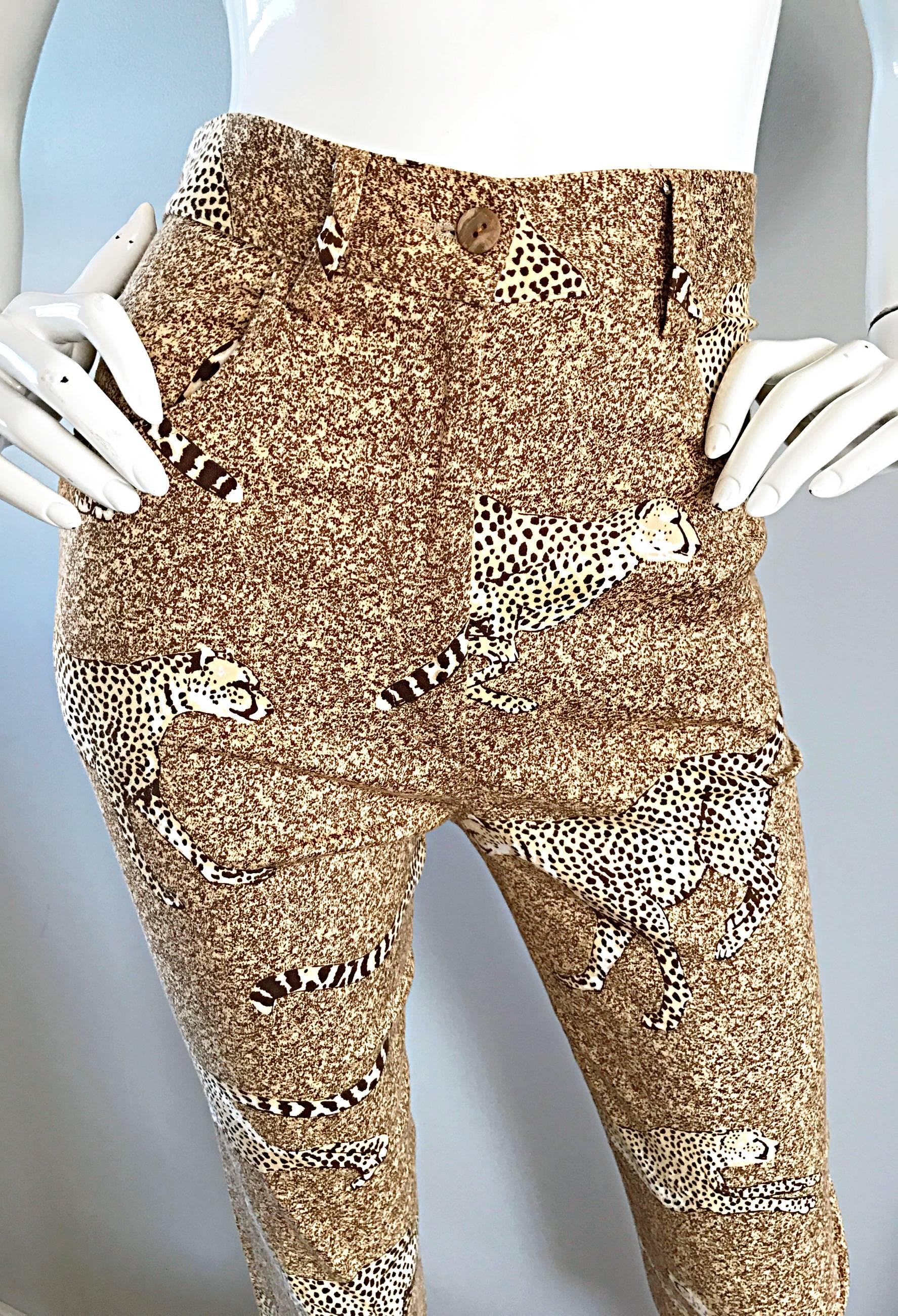 Brown Rare 1990s Kenzo Jungle Cheetah Leopard Print High Waisted Slim Fit Pants Sz 38 For Sale