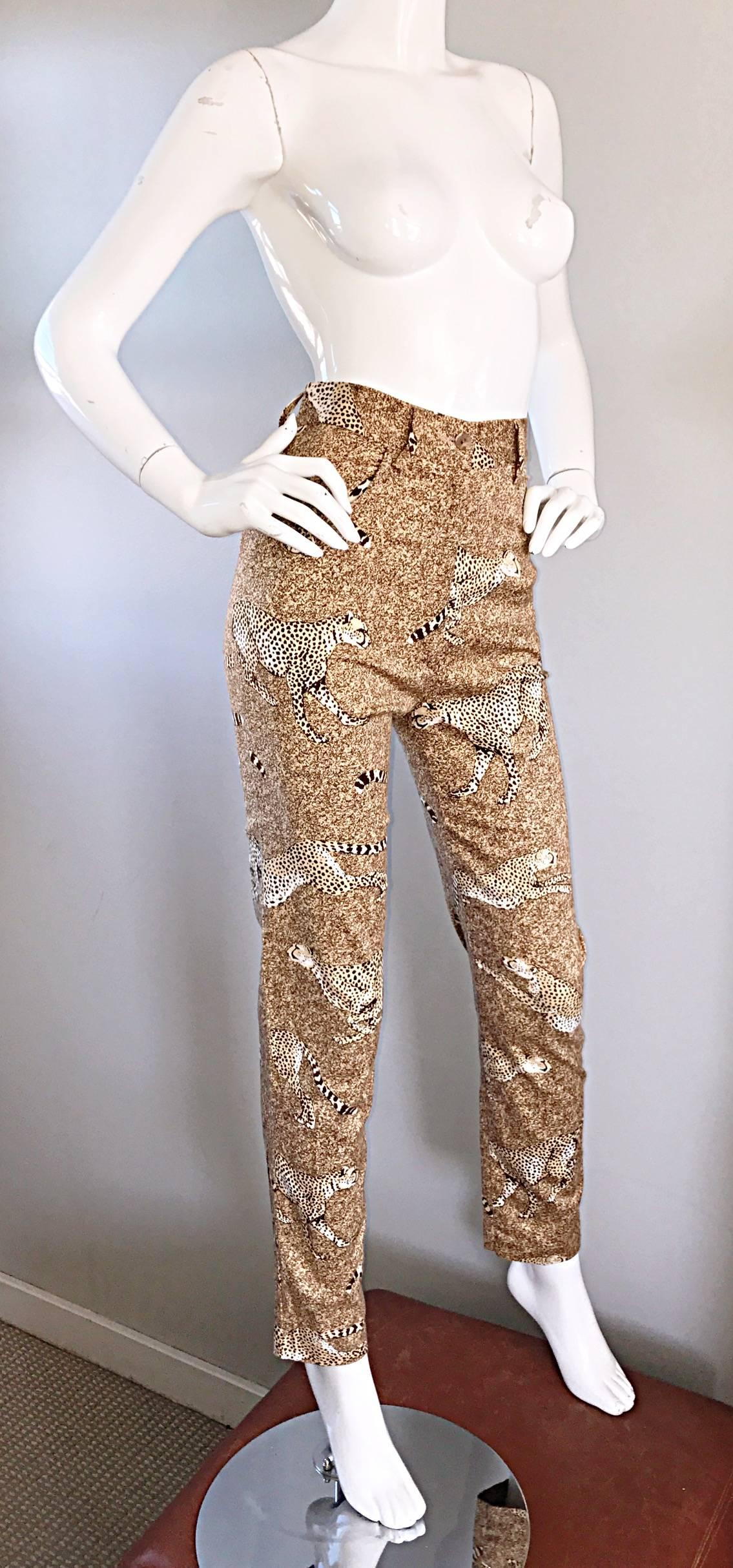 Rare 1990s Kenzo Jungle Cheetah Leopard Print High Waisted Slim Fit Pants Sz 38 In Excellent Condition For Sale In San Diego, CA