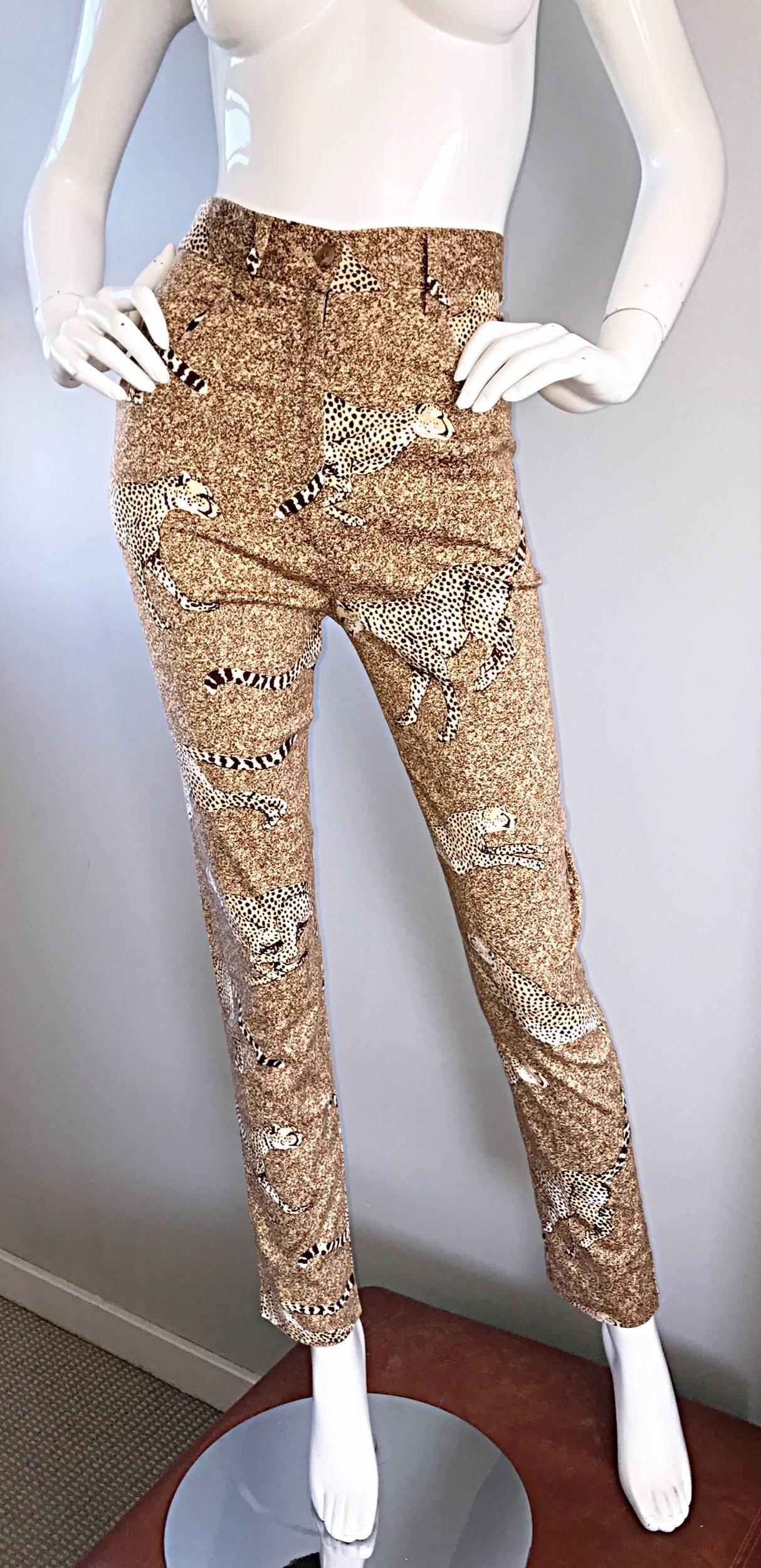 Rare 1990s Kenzo Jungle Cheetah Leopard Print High Waisted Slim Fit Pants Sz 38 For Sale 1