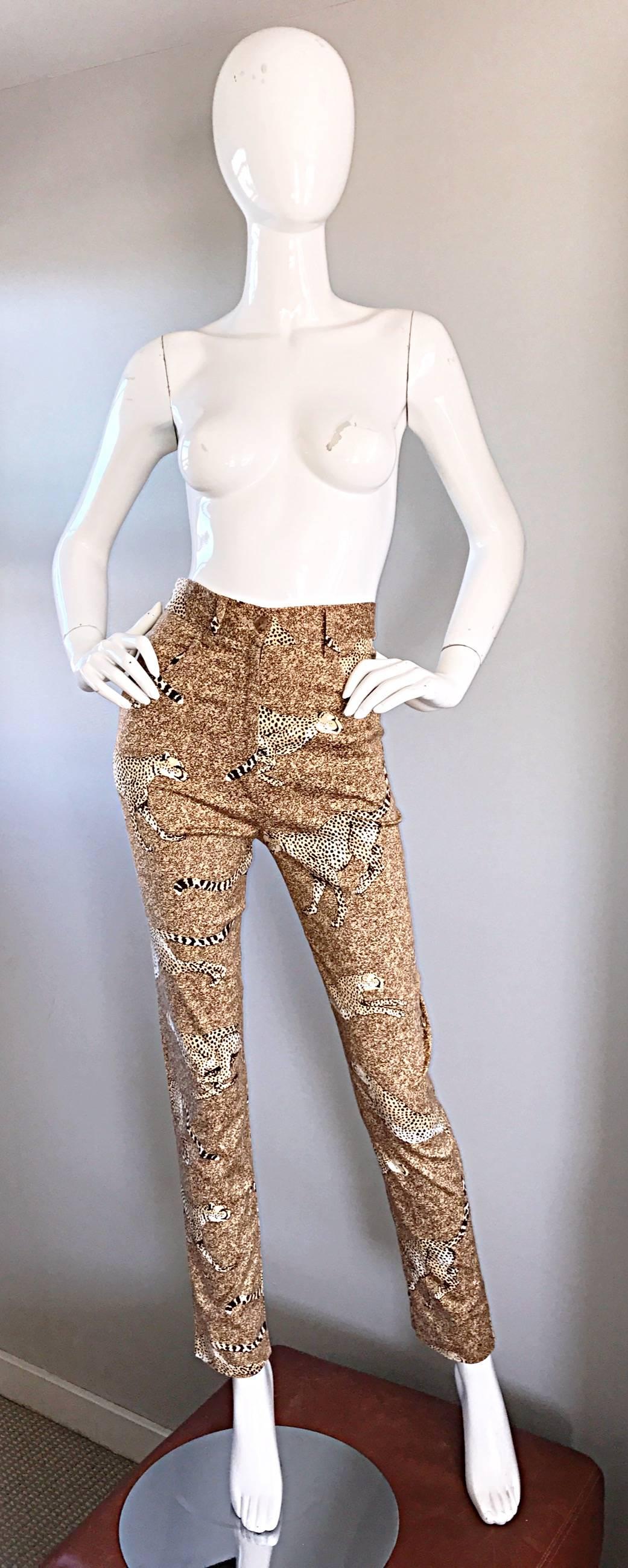 Rare 1990s Kenzo Jungle Cheetah Leopard Print High Waisted Slim Fit Pants Sz 38 For Sale 2