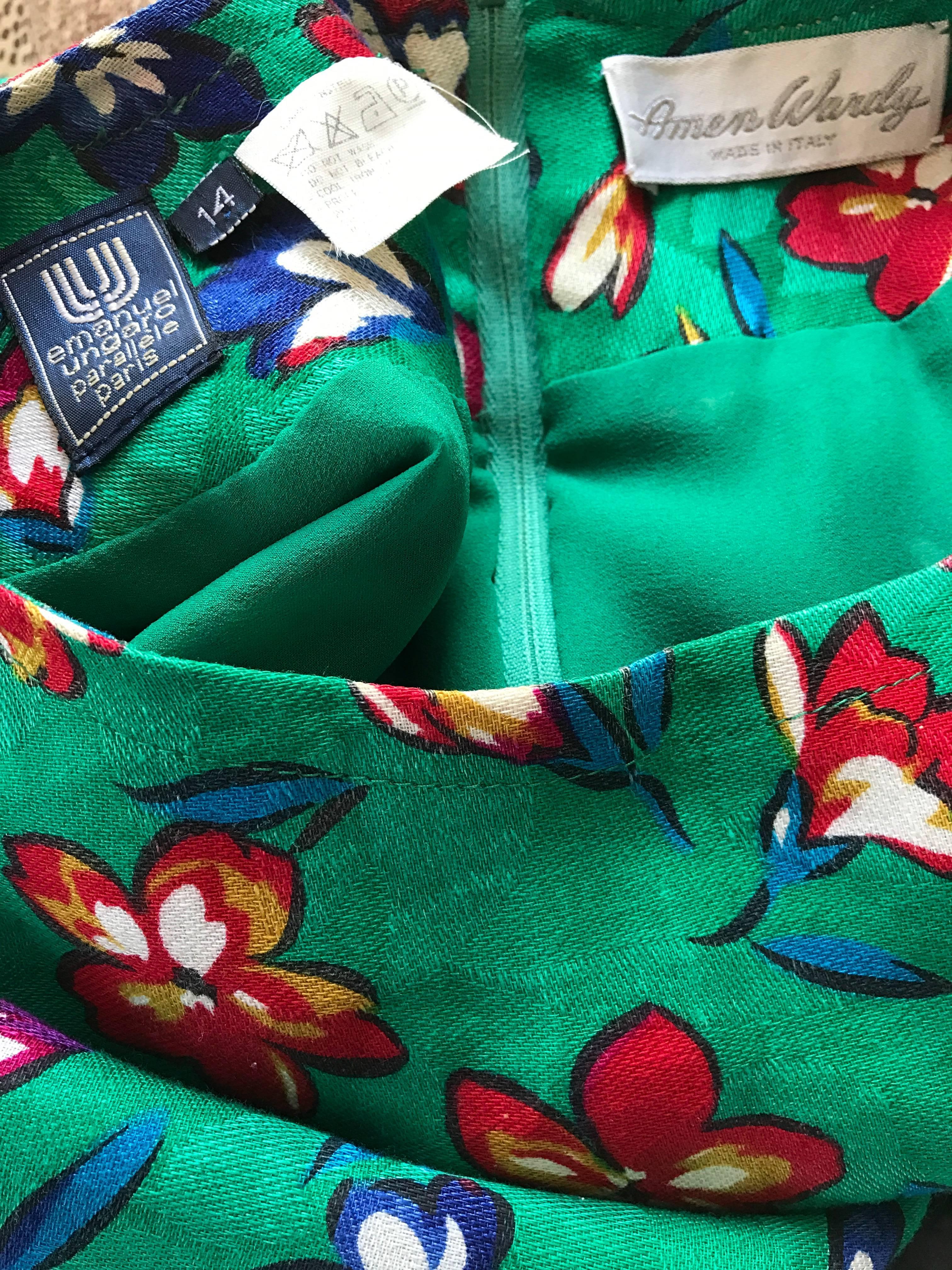 Vintage Emanuel Ungaro for Amen Wardy Size 14 Kelly Green Flower 1990s Dress  6