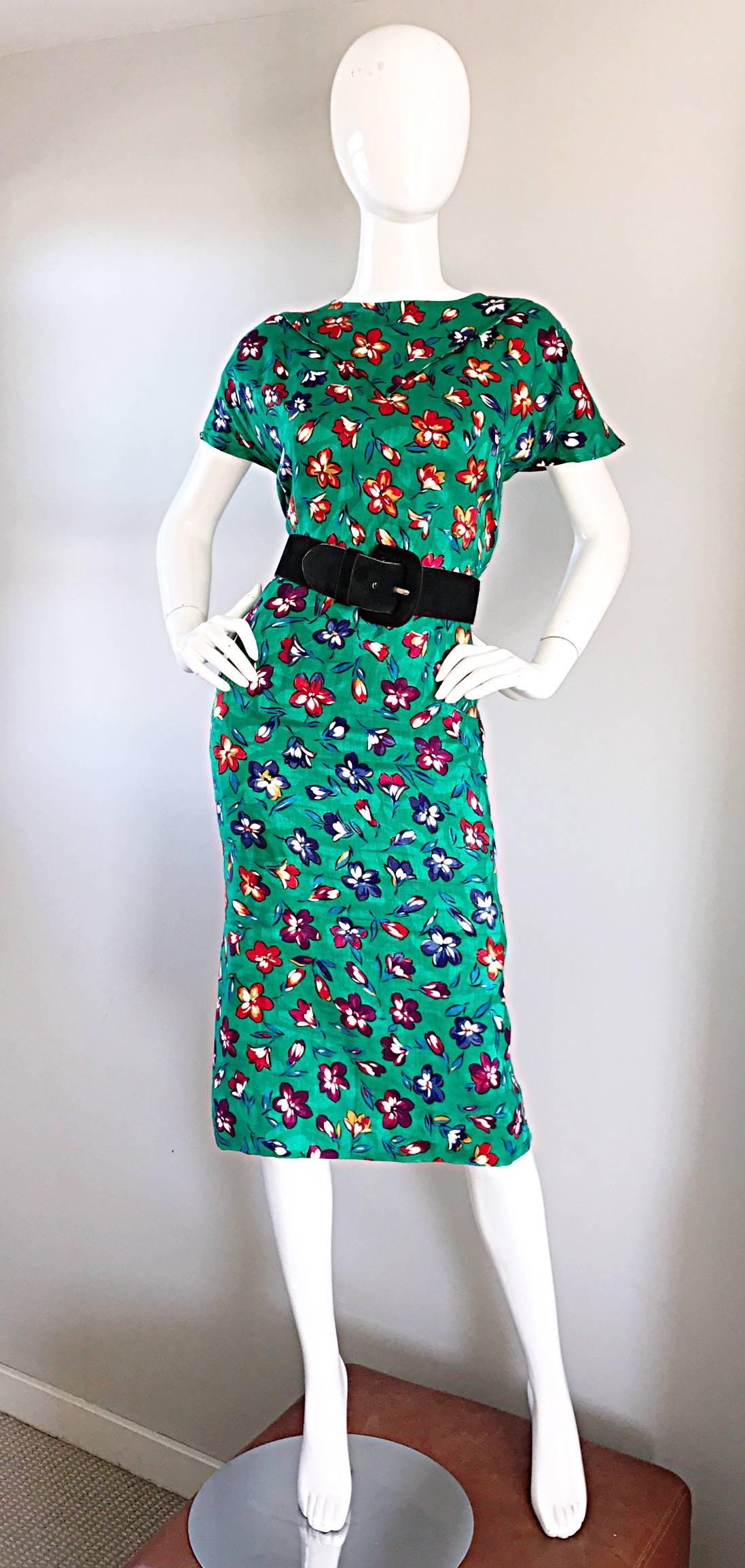 Vintage Emanuel Ungaro for Amen Wardy Size 14 Kelly Green Flower 1990s Dress  In Excellent Condition In San Diego, CA