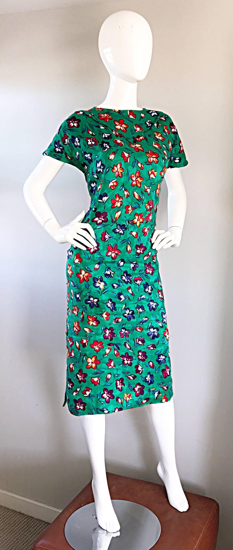 Vintage Emanuel Ungaro for Amen Wardy Size 14 Kelly Green Flower 1990s Dress  4