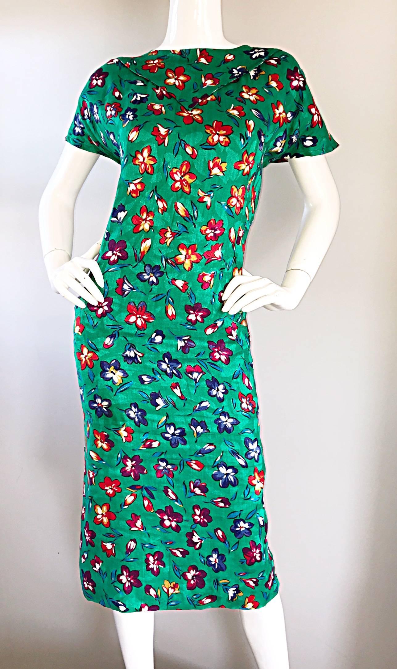 Vintage Emanuel Ungaro for Amen Wardy Size 14 Kelly Green Flower 1990s Dress  3