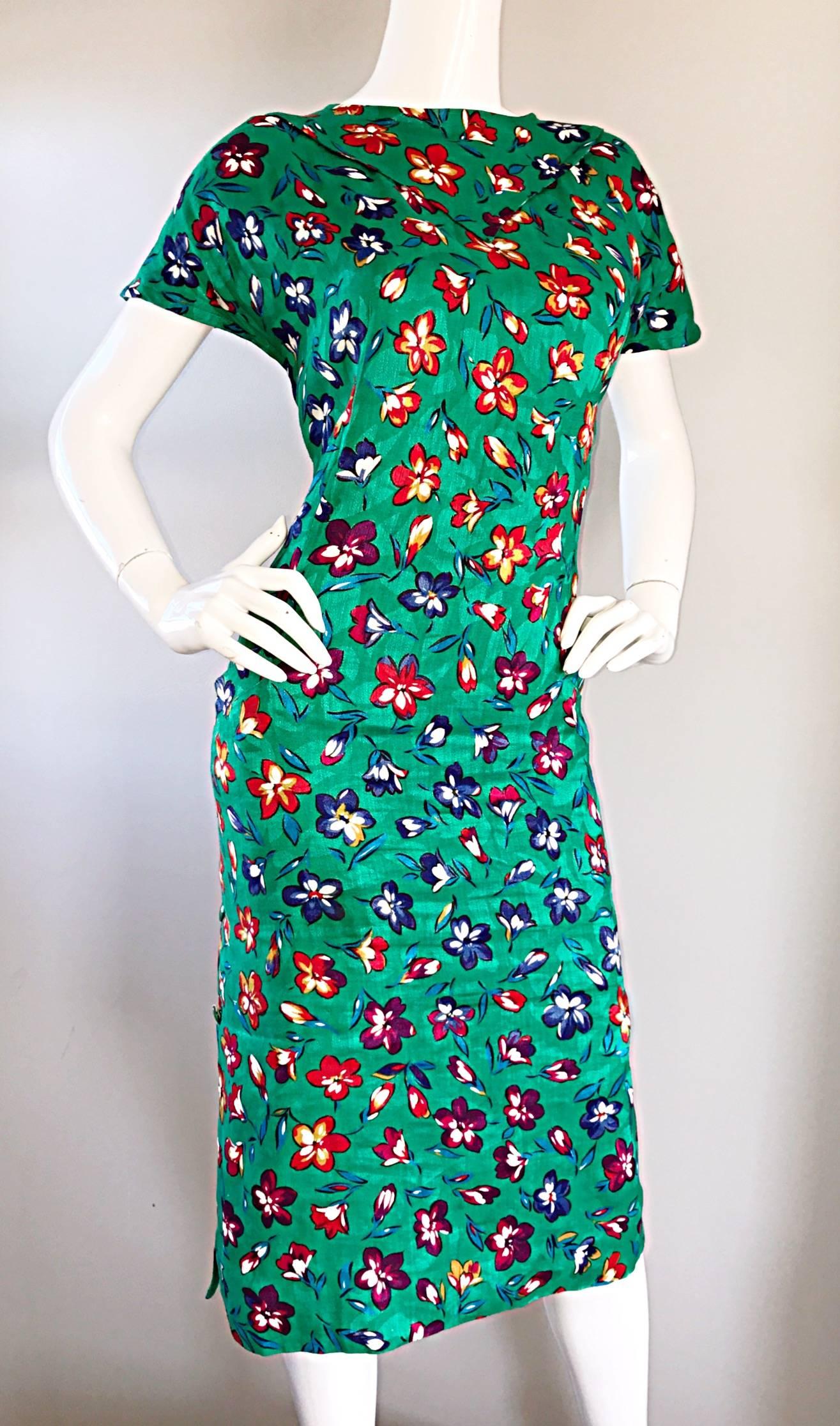 Vintage Emanuel Ungaro for Amen Wardy Size 14 Kelly Green Flower 1990s Dress  1