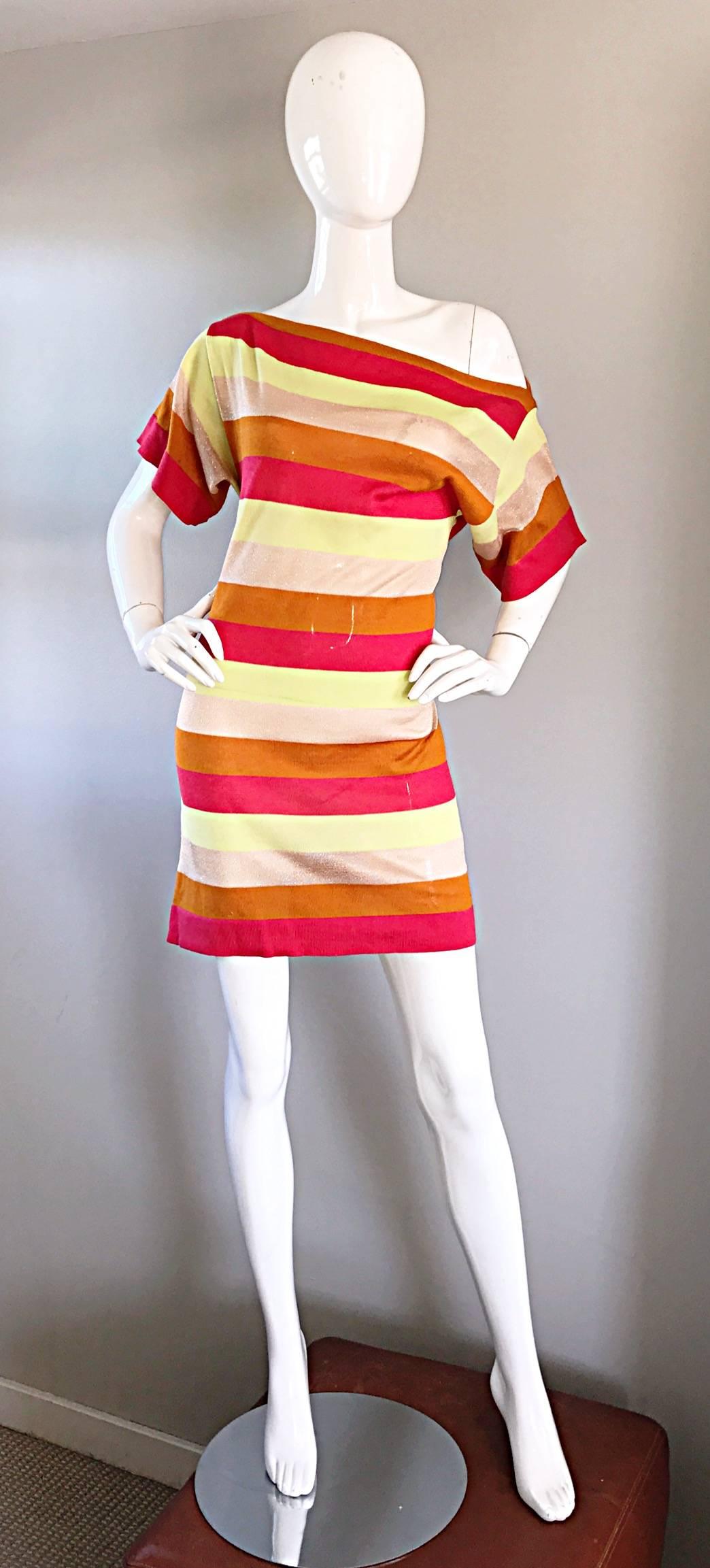 Incredible vintage 90s MISSONI striped metallic dress, with a cut-out back! Features pink, orange, yellow, and gold metallic stripes on a stretchy knit. Can be worn multiple ways off-the-shoulder, one shoulder, or slouchy neck. Looks amazing on!