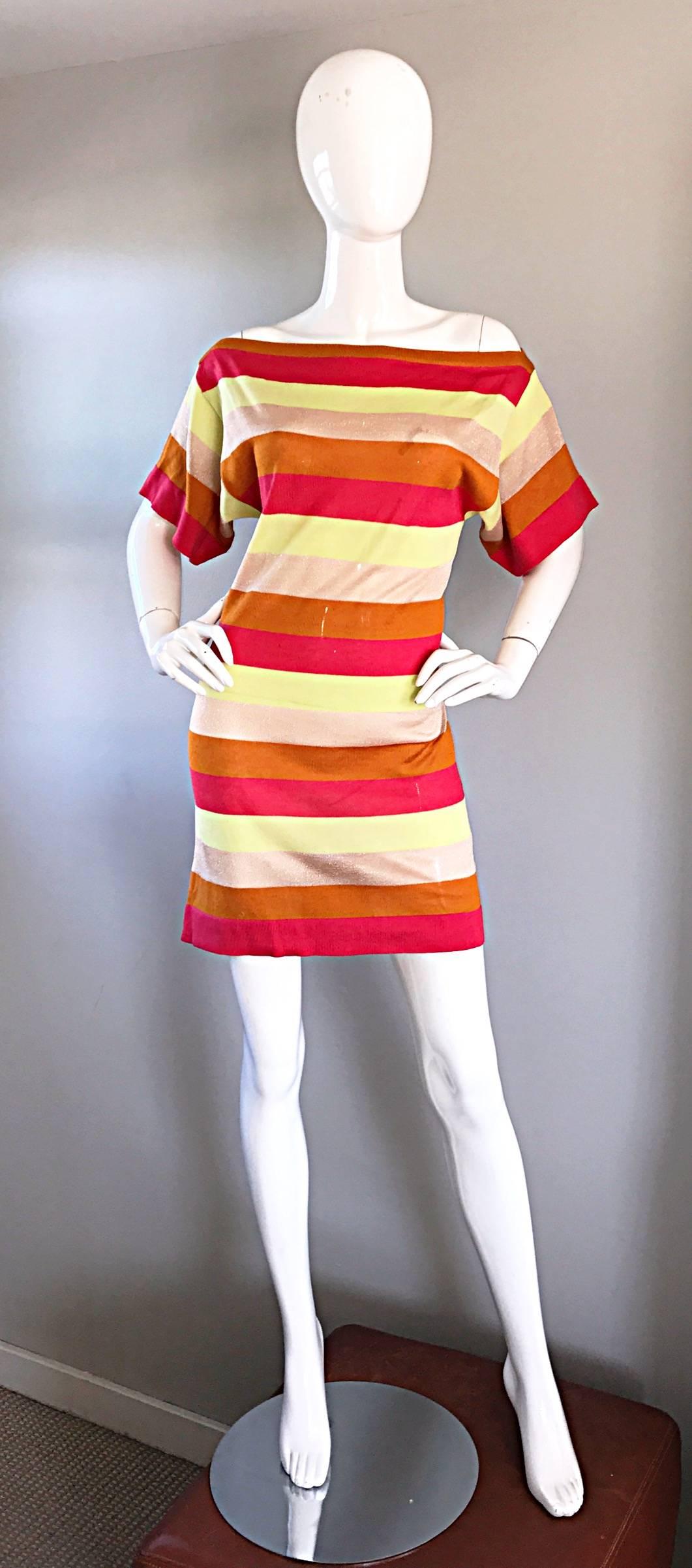 Red Amazing Missoni Sz 8 1990s Vintage Cut Out Back Metallic Striped 90s Knit Dress  For Sale