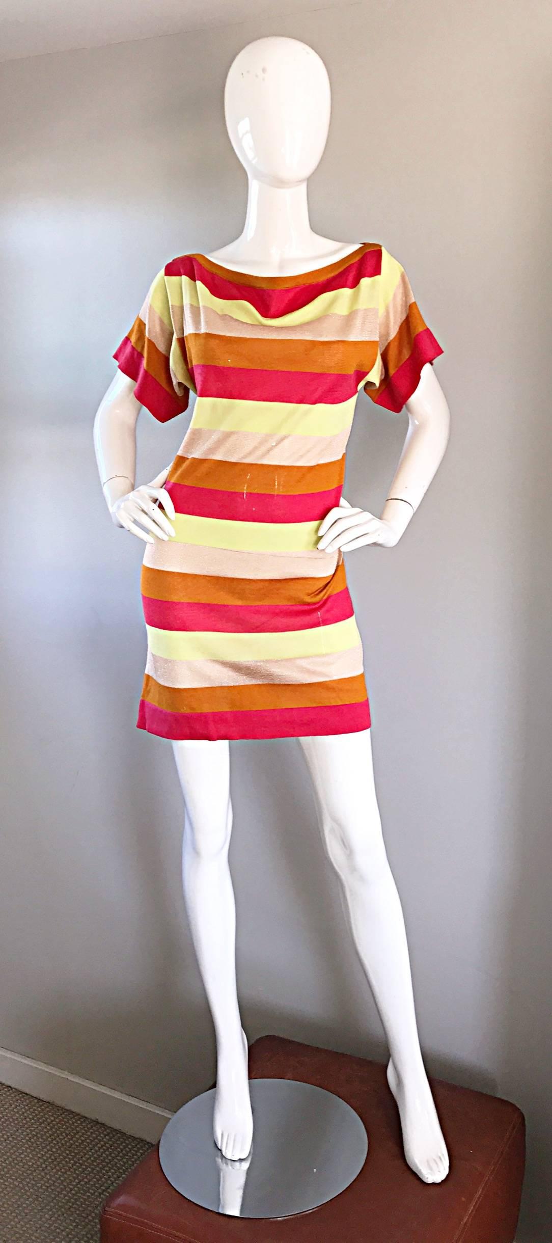 Women's Amazing Missoni Sz 8 1990s Vintage Cut Out Back Metallic Striped 90s Knit Dress  For Sale