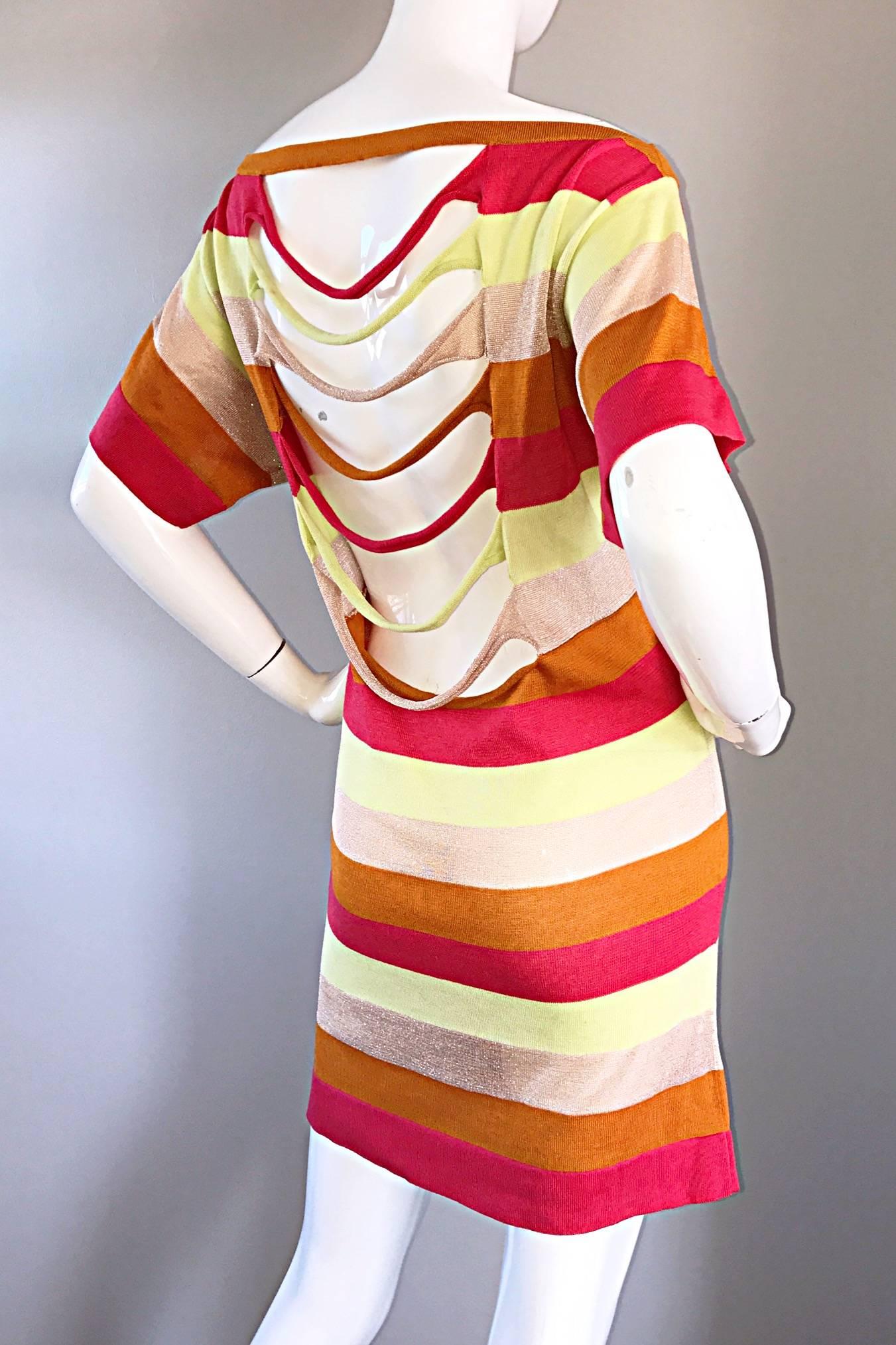 Amazing Missoni Sz 8 1990s Vintage Cut Out Back Metallic Striped 90s Knit Dress  In Excellent Condition For Sale In San Diego, CA