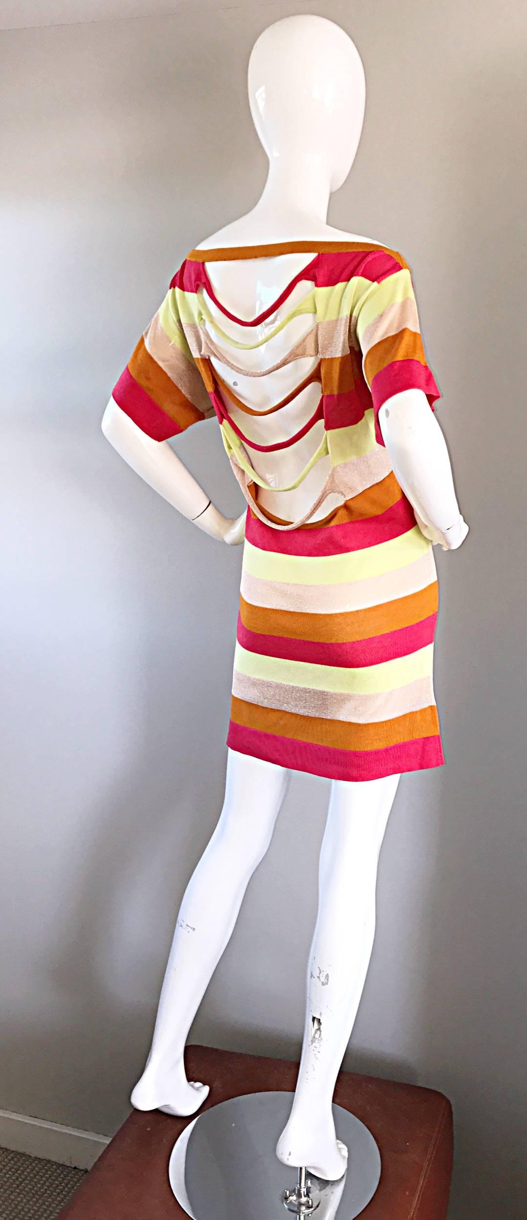 Amazing Missoni Sz 8 1990s Vintage Cut Out Back Metallic Striped 90s Knit Dress  For Sale 2