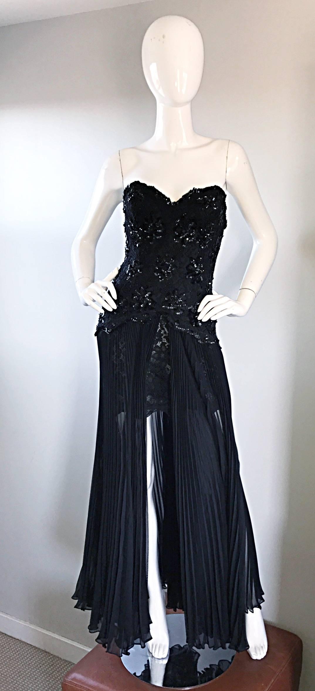 Vintage Lillie Rubin Black Strapless Chiffon Sequined Sexy Hi Lo 1990s 90s Dress In Excellent Condition In San Diego, CA