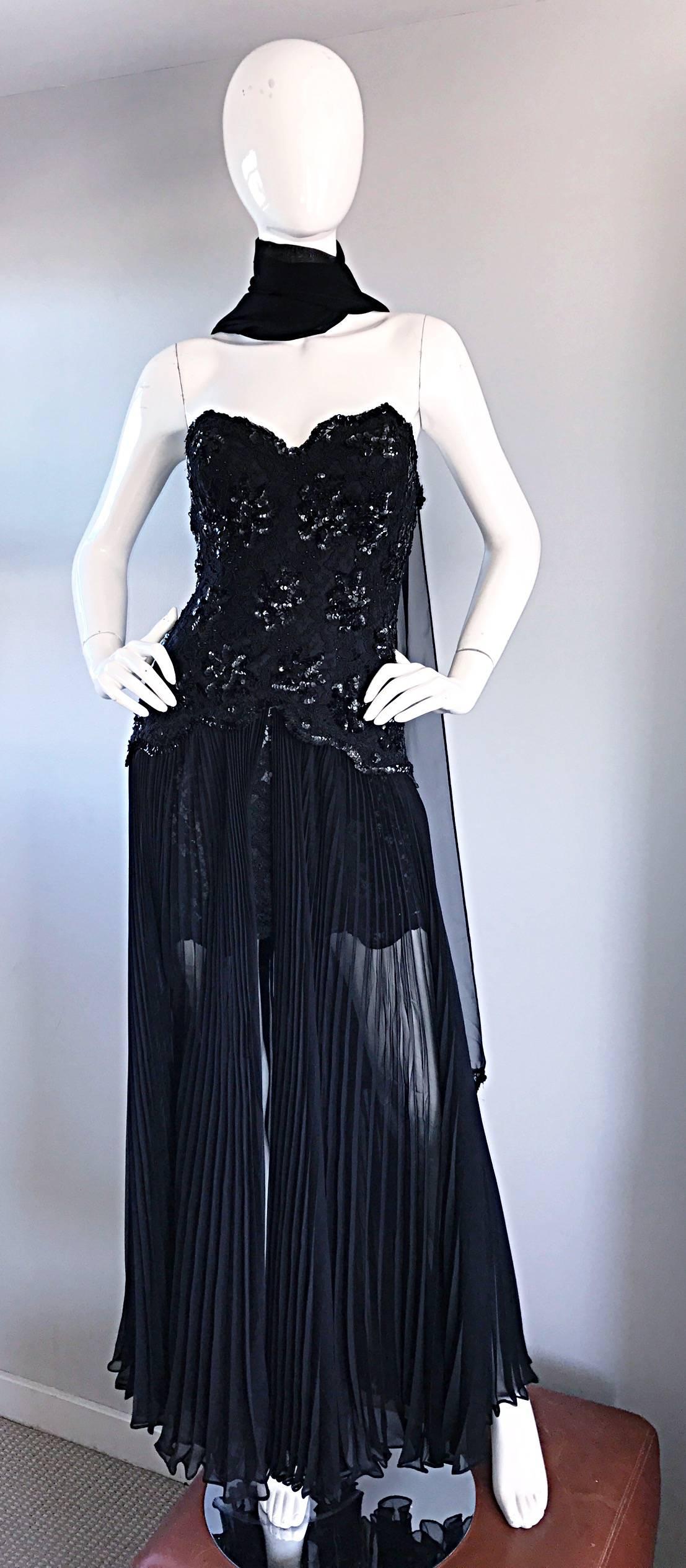 Vintage Lillie Rubin Black Strapless Chiffon Sequined Sexy Hi Lo 1990s 90s Dress 2