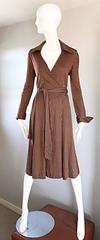 1970s Diane Von Furstenberg Vintage Sz 14 Brown + Ivory Striped Wrap Shirt Dress