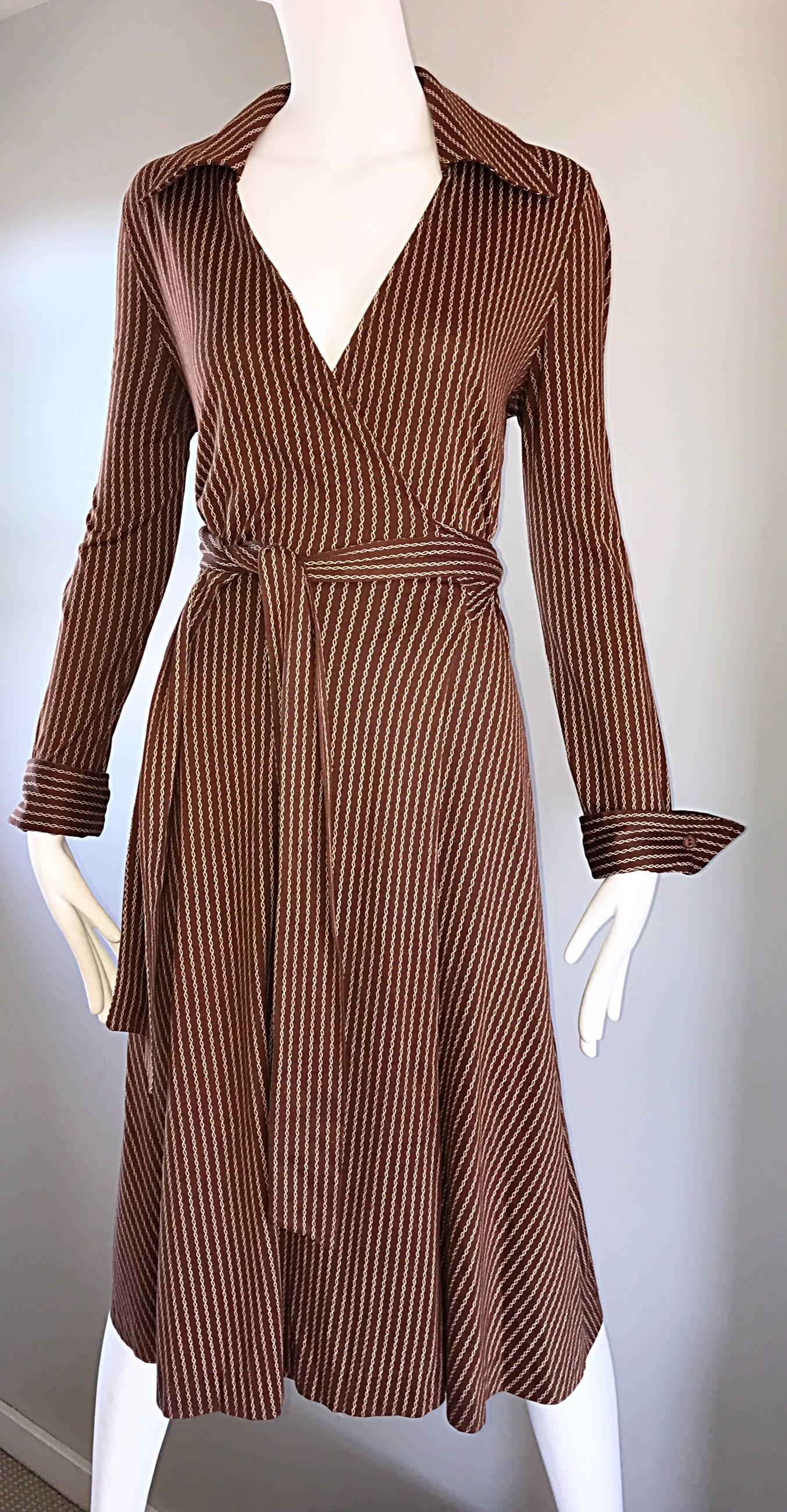1970s Diane Von Furstenberg Vintage Sz 14 Brown + Ivory Striped Wrap Shirt Dress In Excellent Condition In San Diego, CA