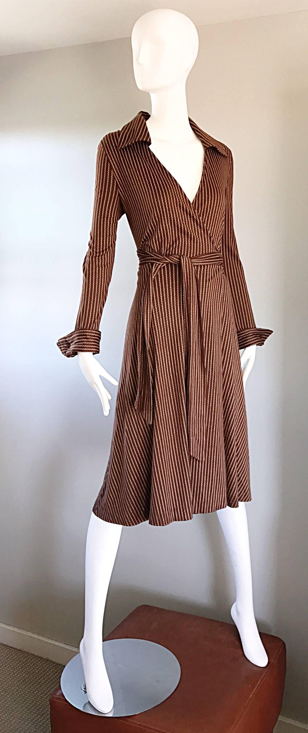 Women's 1970s Diane Von Furstenberg Vintage Sz 14 Brown + Ivory Striped Wrap Shirt Dress
