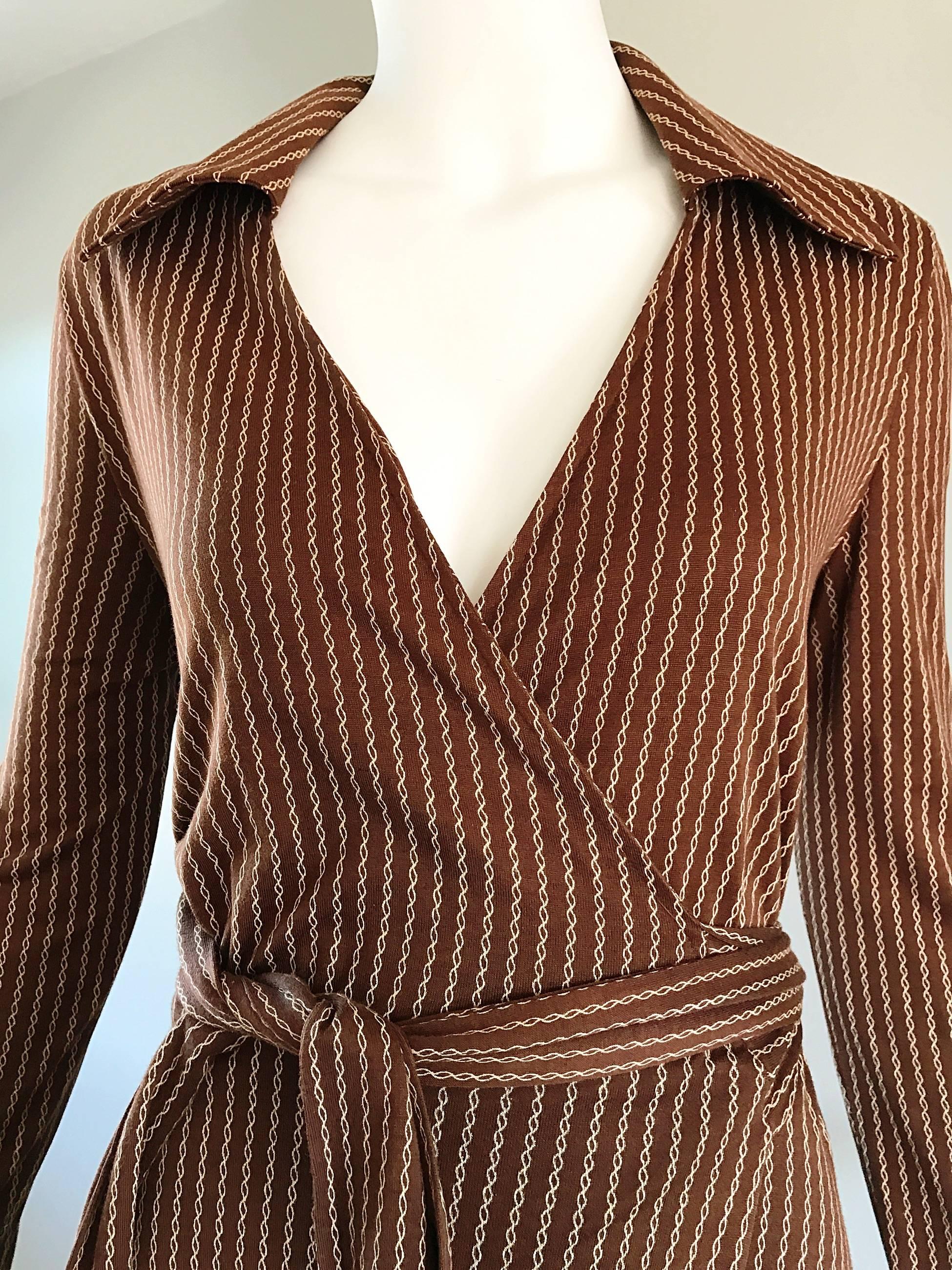 1970s Diane Von Furstenberg Vintage Sz 14 Brown + Ivory Striped Wrap Shirt Dress 1