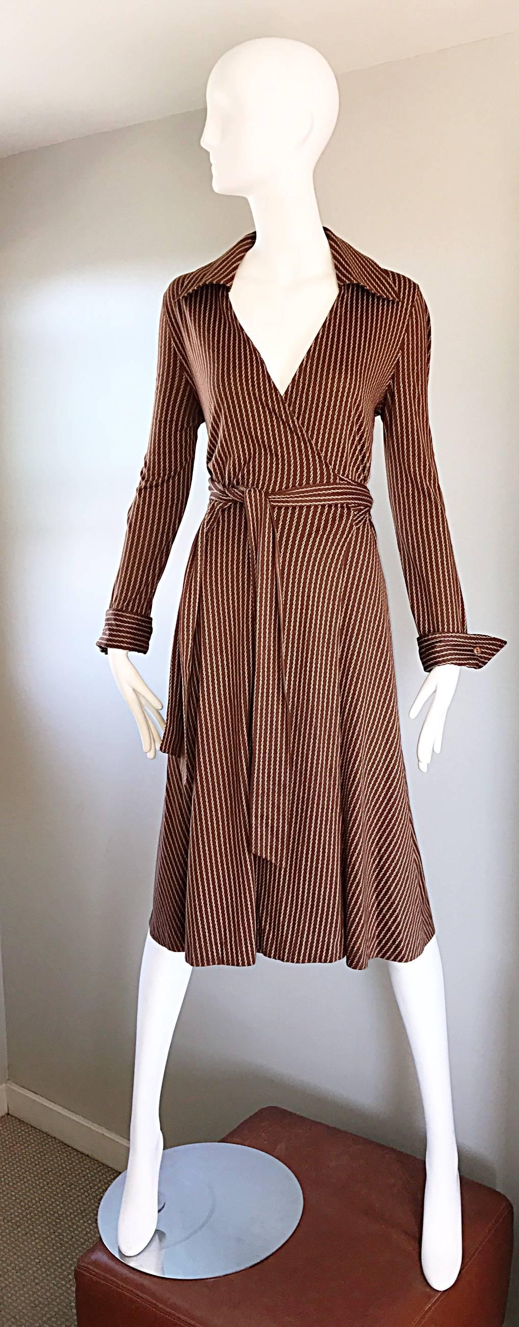1970s Diane Von Furstenberg Vintage Sz 14 Brown + Ivory Striped Wrap Shirt Dress 2