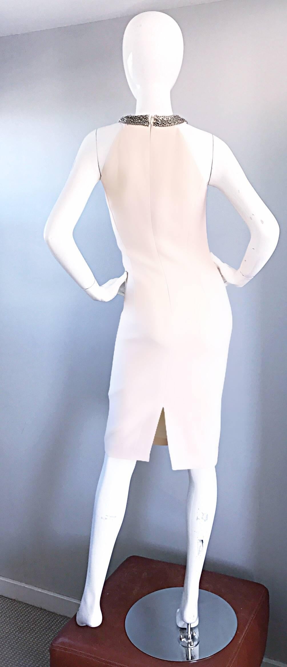 Michael Kors Collection Ivory Size 6 Grecian Silver Chain Neck Wool Runway Dress In Excellent Condition In San Diego, CA