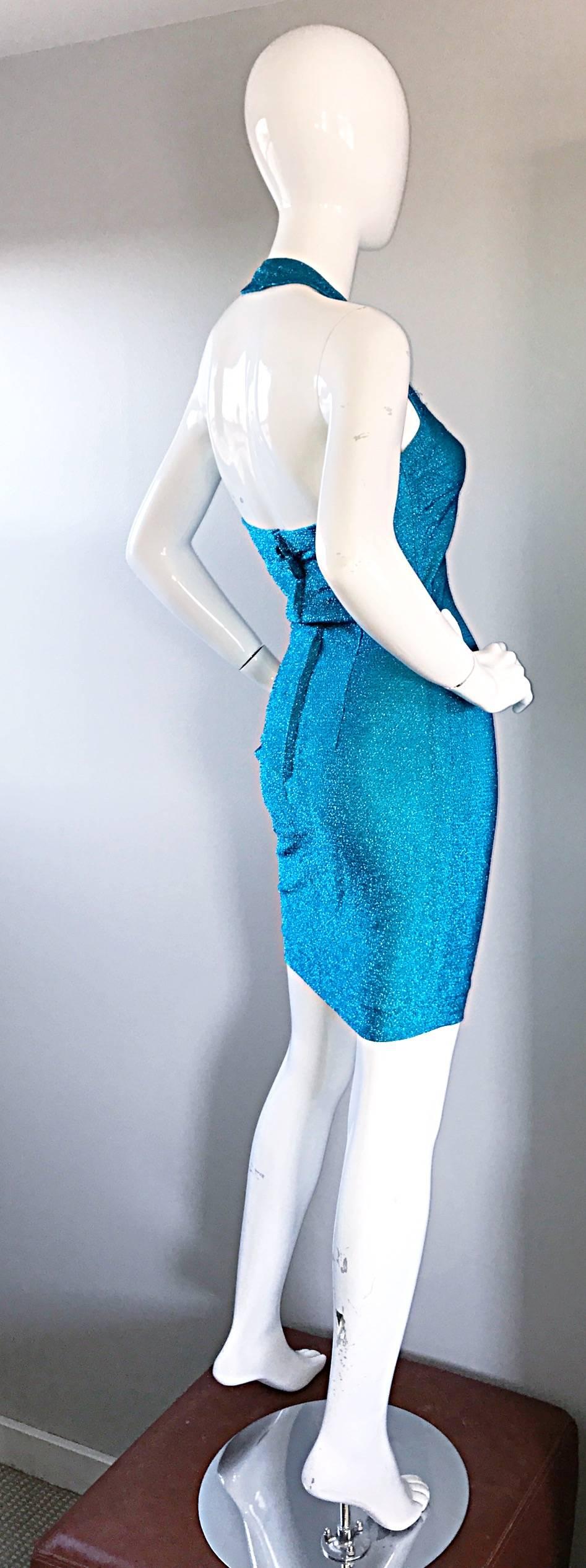 Robe Vintage Bodcon Halter 90s Wiggle Dress, Bleu vif Lurex Métallique Sexy, 1990  Pour femmes en vente