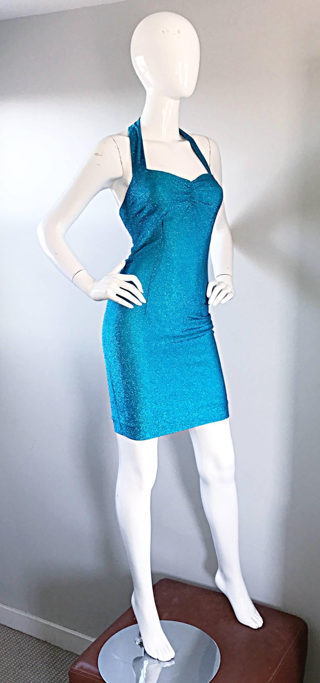 Bright Blue Lurex Metallic Sexy Vintage Bodcon Halter 90s Wiggle Dress, 1990s  In Excellent Condition For Sale In San Diego, CA
