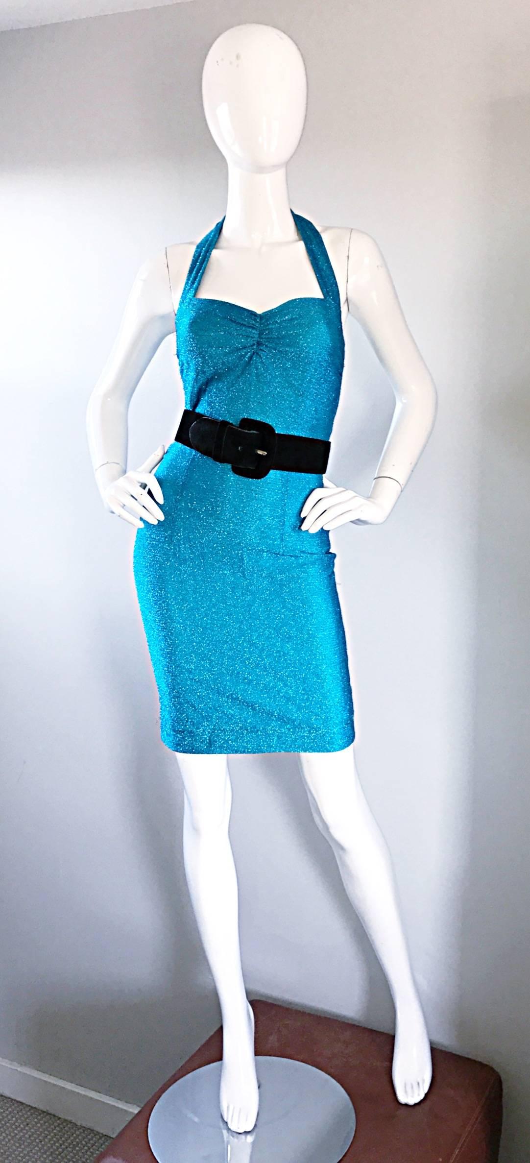 Women's Bright Blue Lurex Metallic Sexy Vintage Bodcon Halter 90s Wiggle Dress, 1990s  For Sale