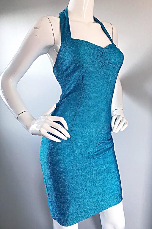 Bright Blue Lurex Metallic Sexy Vintage Bodcon Halter 90s Wiggle Dress, 1990s