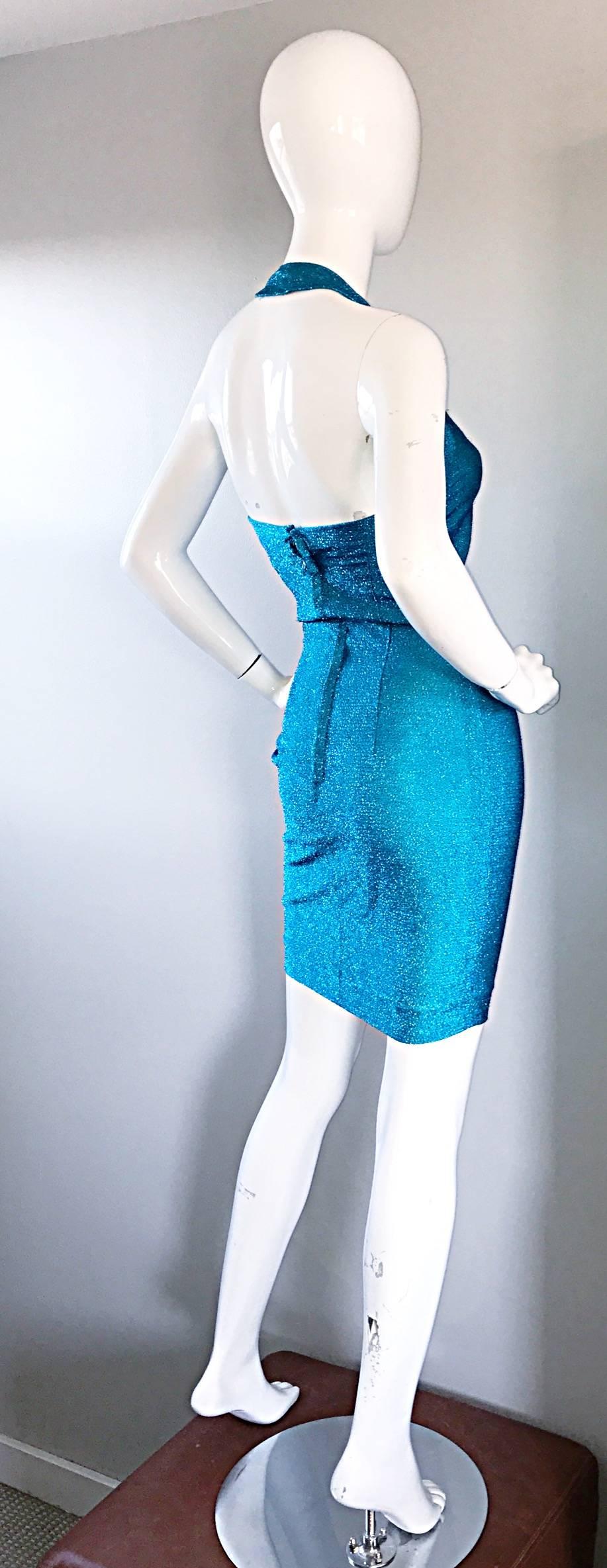 Bright Blue Lurex Metallic Sexy Vintage Bodcon Halter 90s Wiggle Dress, 1990s  For Sale 2