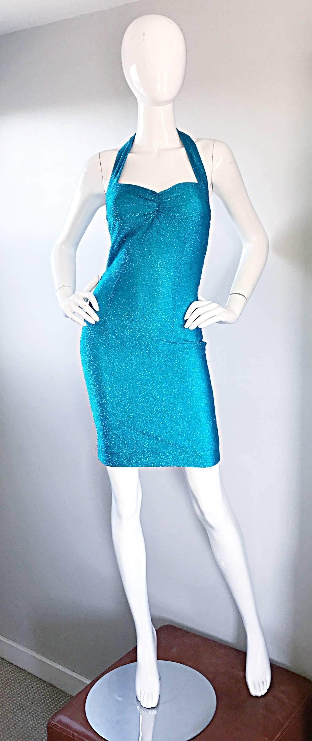 Bright Blue Lurex Metallic Sexy Vintage Bodcon Halter 90s Wiggle Dress, 1990s  For Sale 3