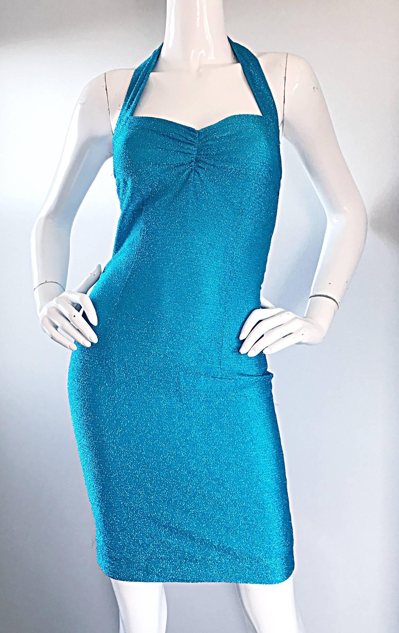 Robe Vintage Bodcon Halter 90s Wiggle Dress, Bleu vif Lurex Métallique Sexy, 1990  en vente 6