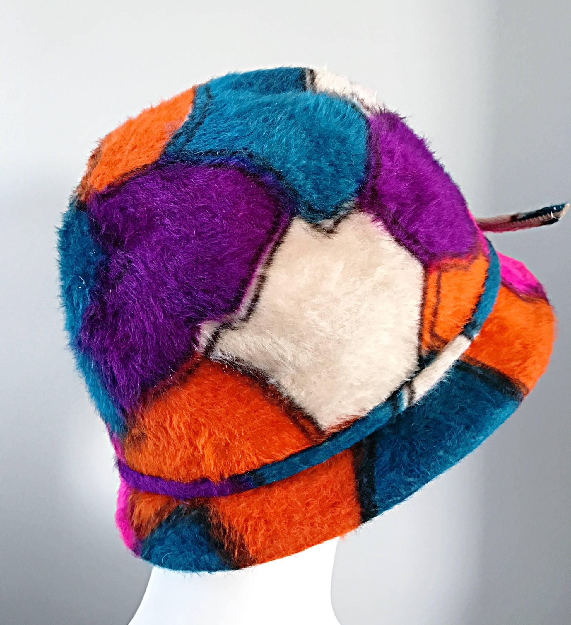 Beige Yves Saint Laurent YSL Color Block Abstract Print Vintage Hat, 1960s 