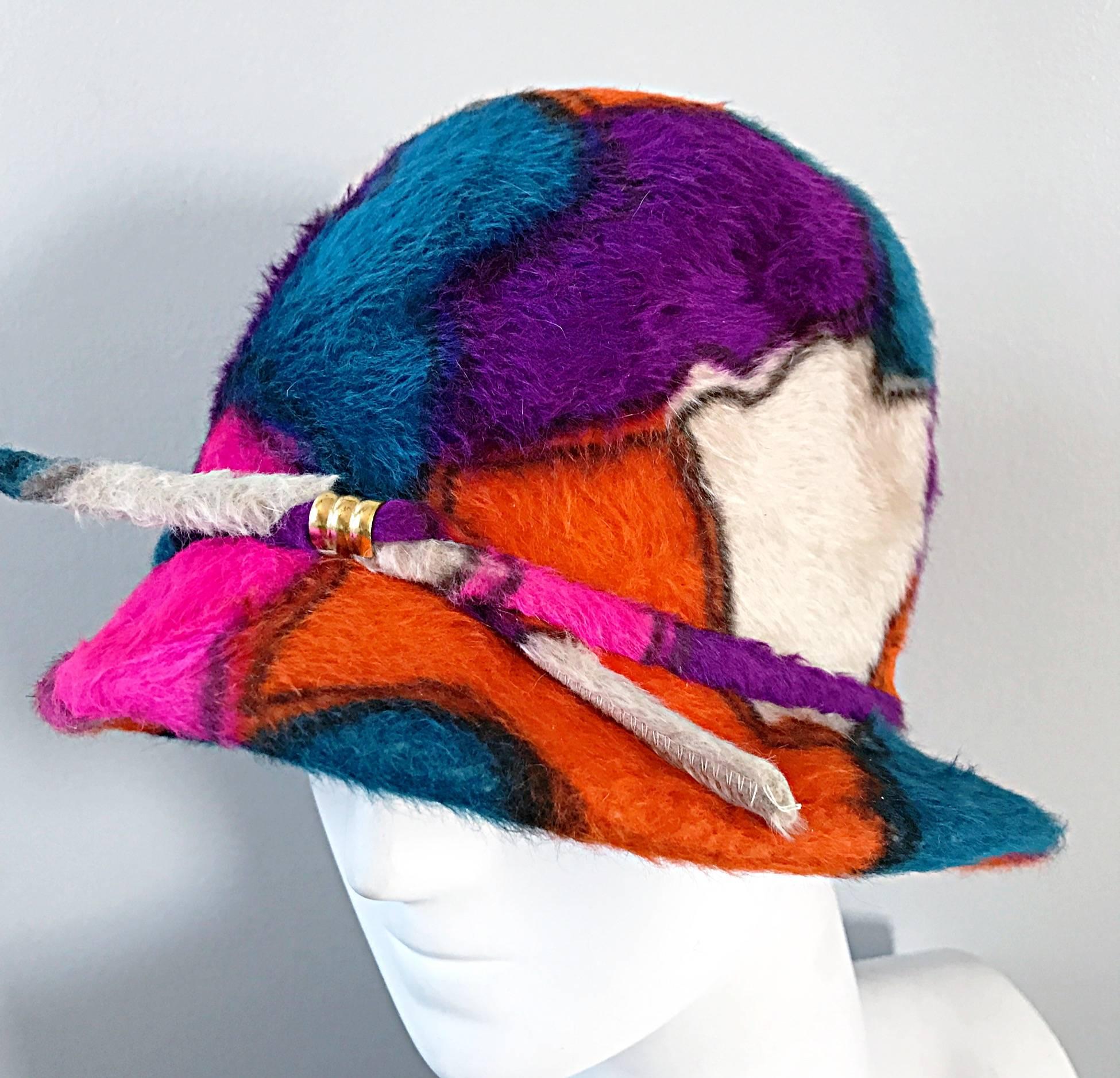 Women's Yves Saint Laurent YSL Color Block Abstract Print Vintage Hat, 1960s 