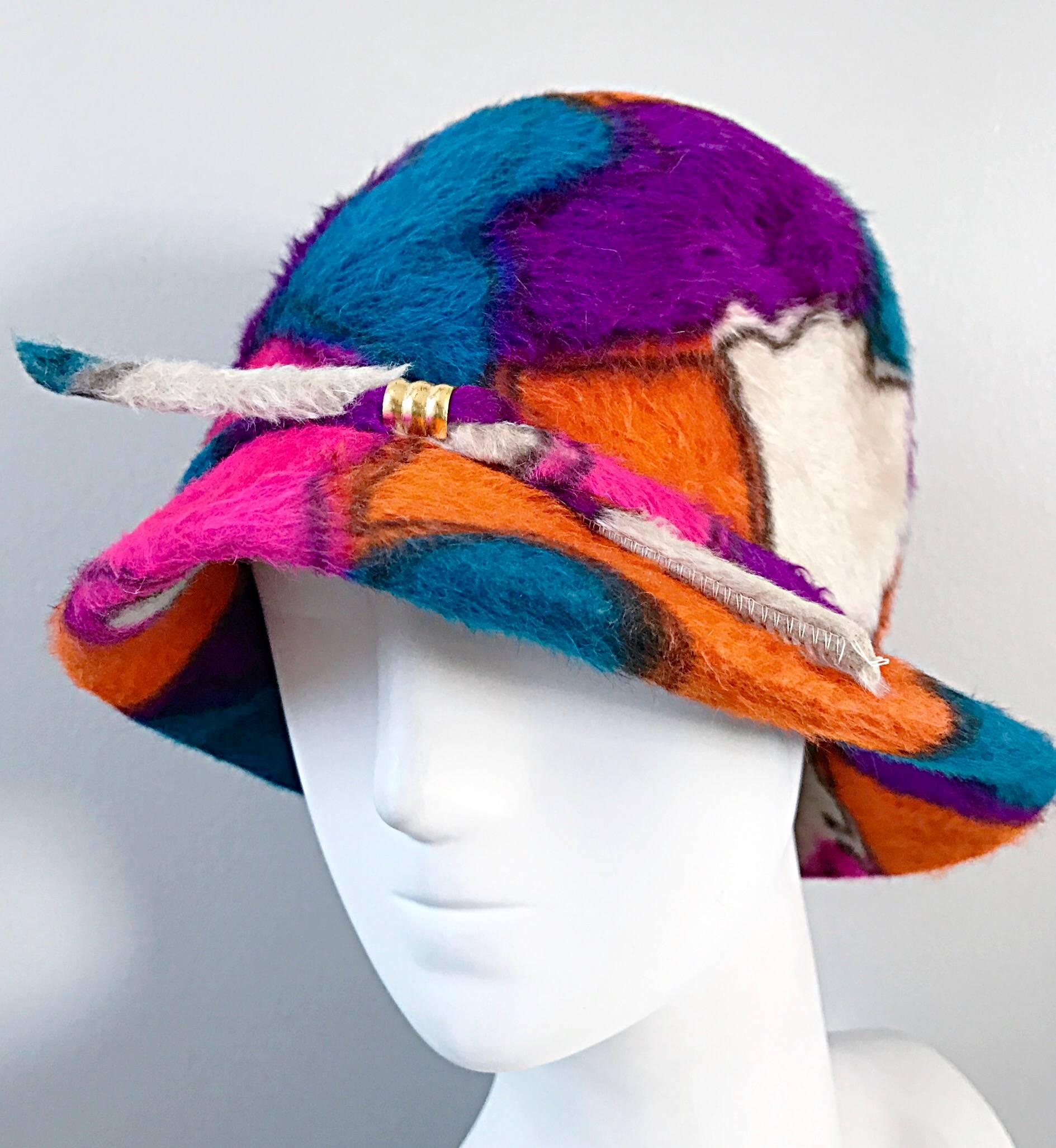 Yves Saint Laurent YSL Color Block Abstract Print Vintage Hat, 1960s  1