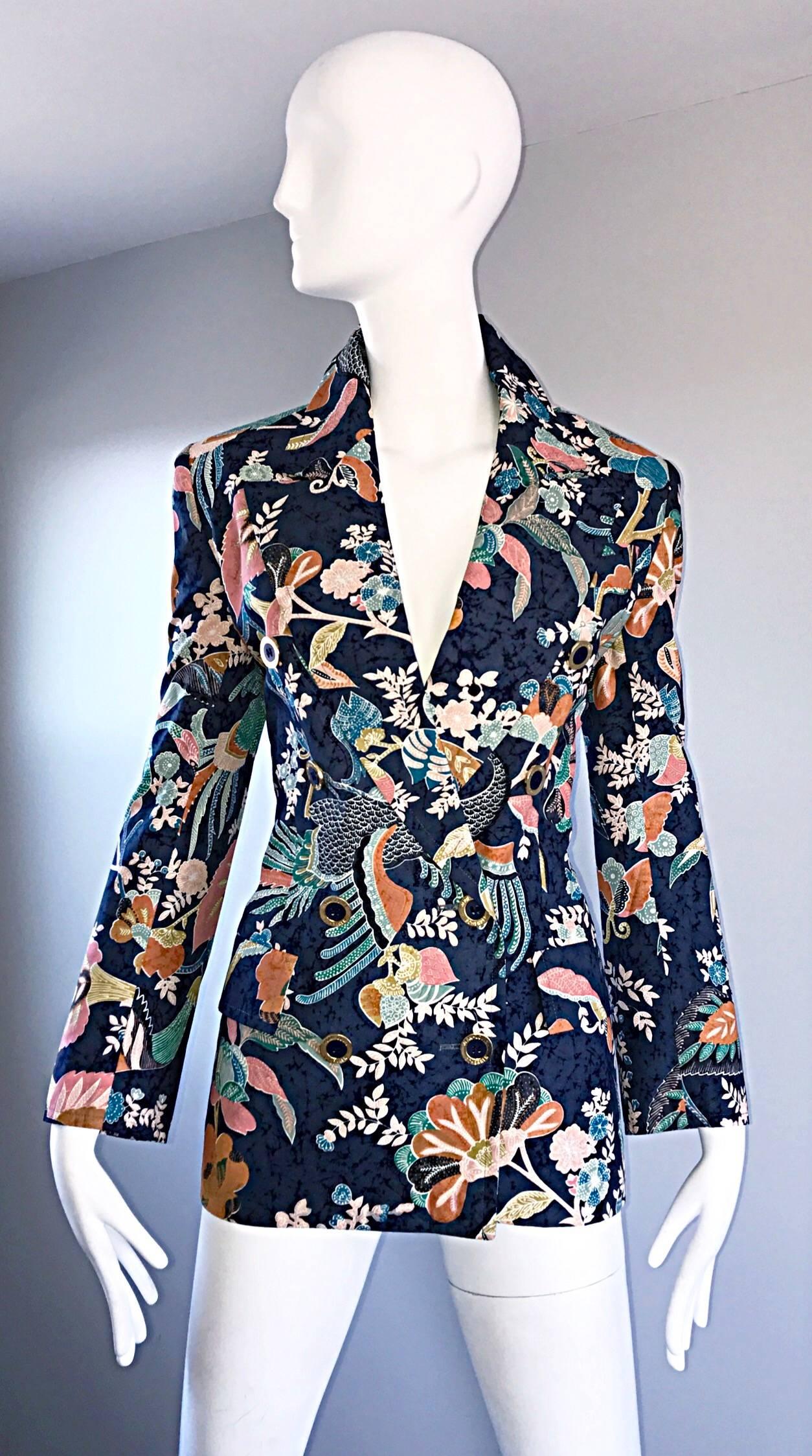 Insanely chic 90s does 70s JEAN LOUIS SCHERRER Couture numbered Asian themed double breasted cotton blazer! Wonderful tailored fit, with an equally impressive print. Navy blue color, with prints in vibrant hues of orange, pink, ivory, green, yellow,