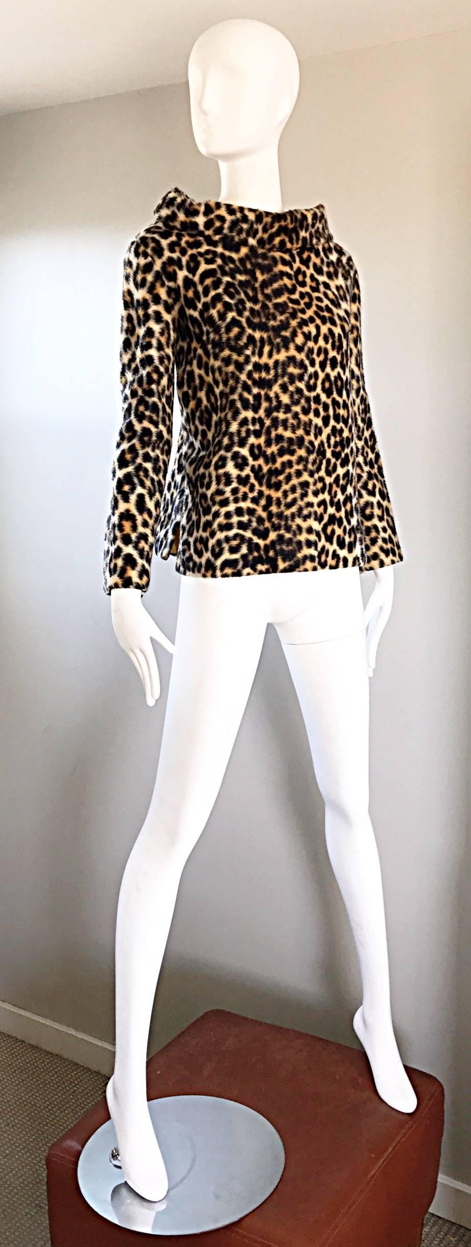 Women's Chic 1960s Faux Fur Leopard Cheetah Print Vintage 60s Long Sleeve Sweater Top  