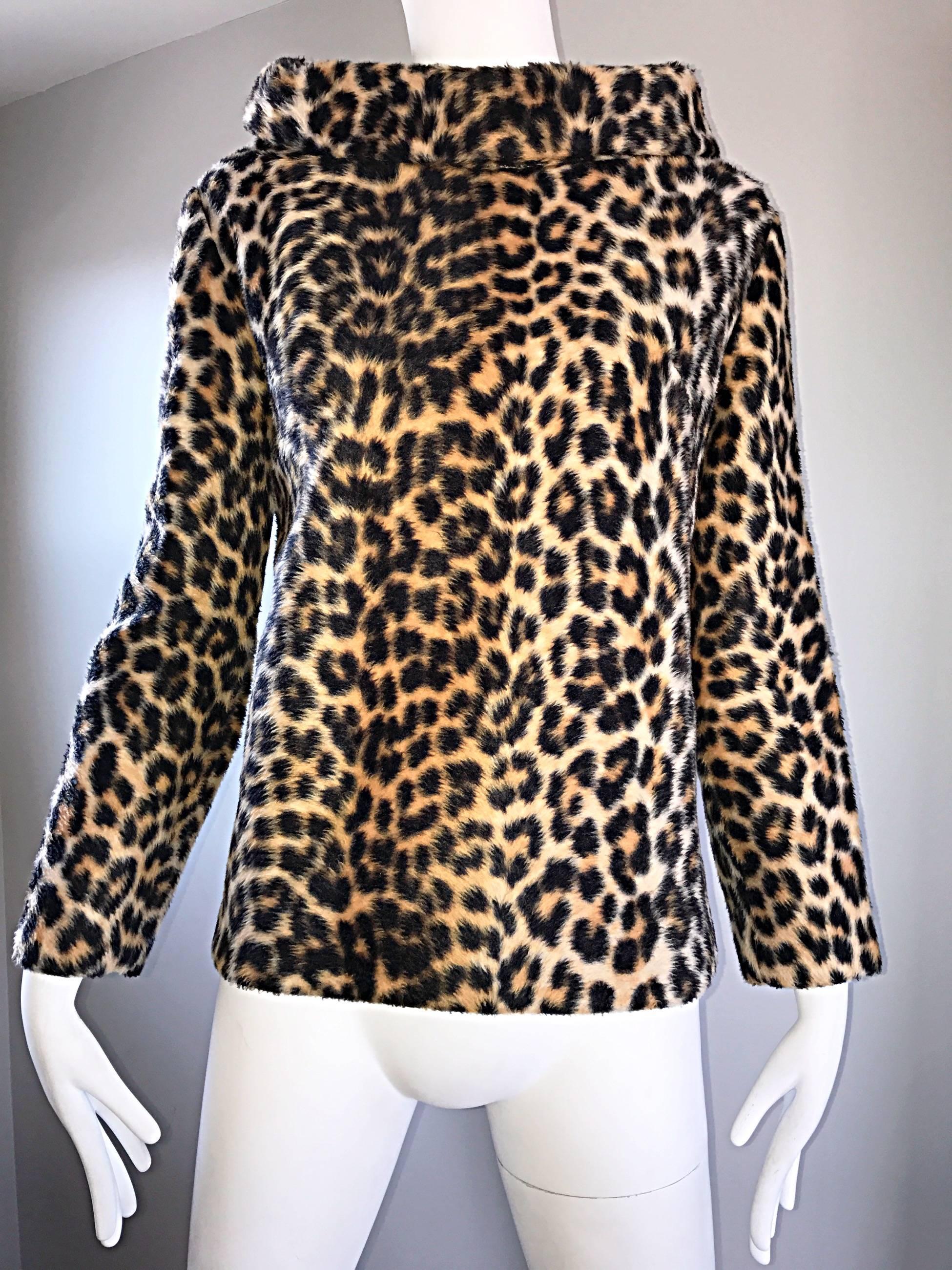 Chic 1960s Faux Fur Leopard Cheetah Print Vintage 60s Long Sleeve Sweater Top   1