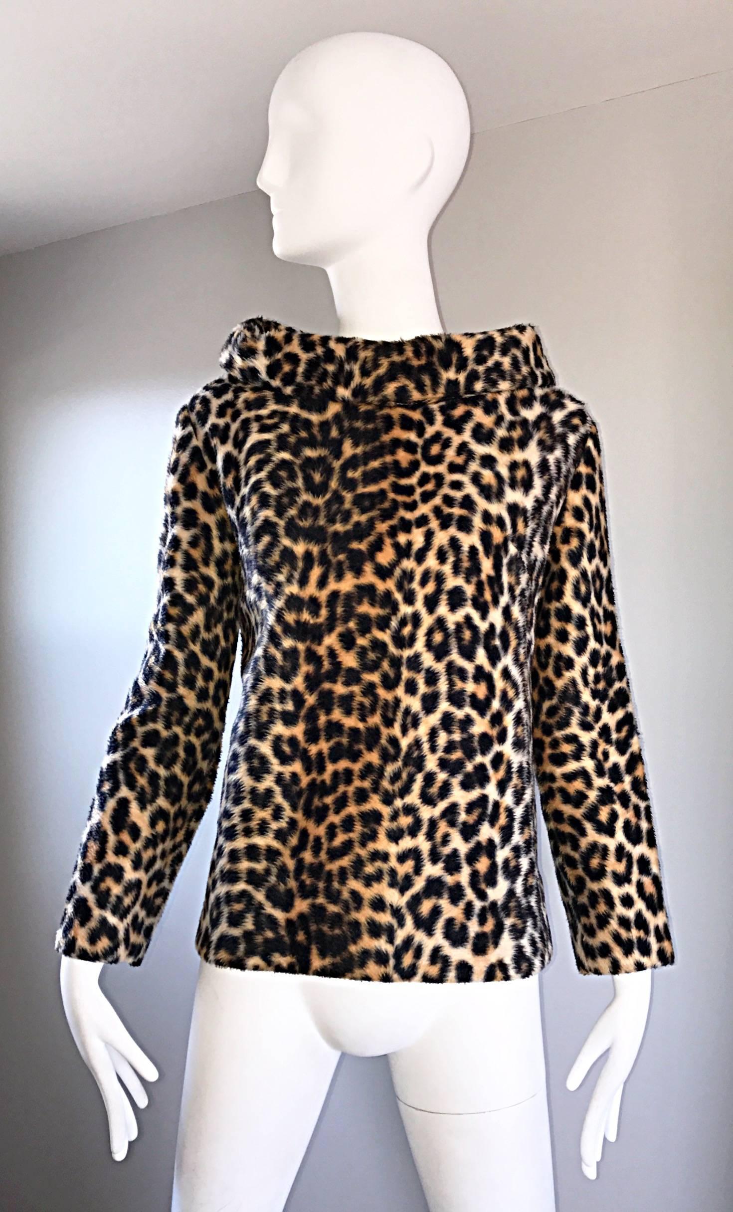 Chic 1960s Faux Fur Leopard Cheetah Print Vintage 60s Long Sleeve Sweater Top   2