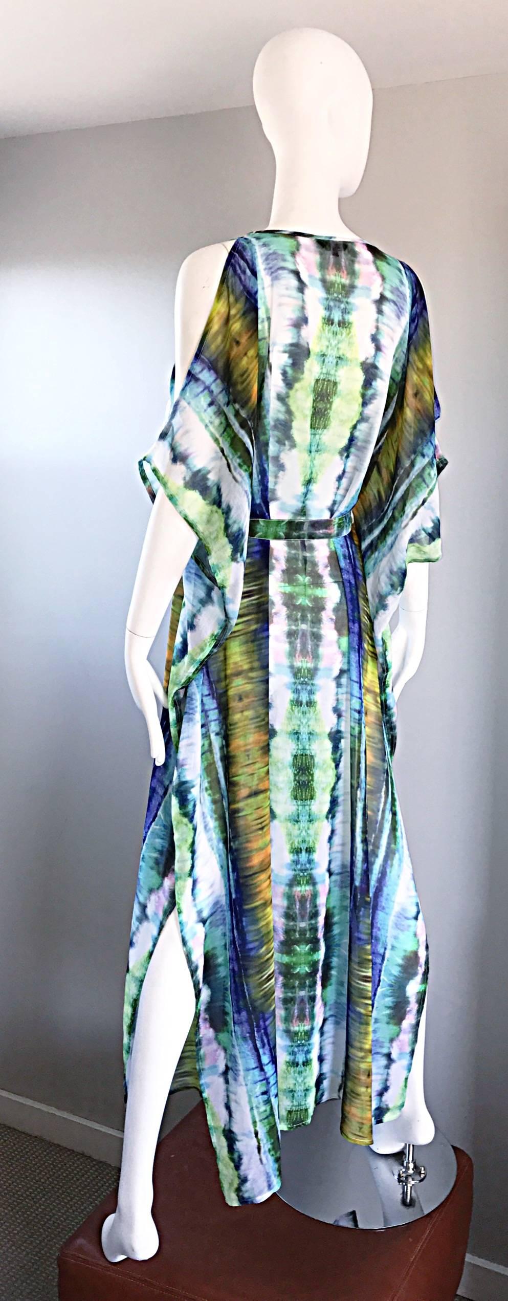 Women's 1970s Biba Tie Dye Vintage ' Cold Shoulder ' 70s Vintage Boho Caftan Maxi Dress