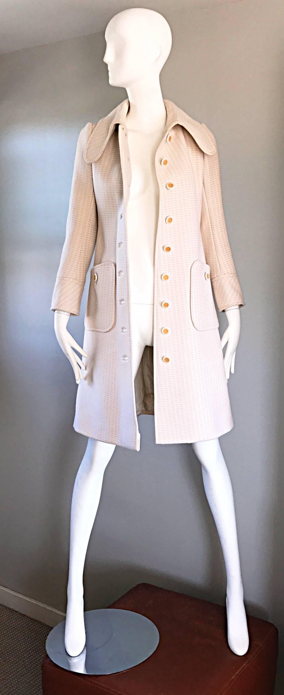 White 1960s Courreges Haute Couture Rare Vintage Ivory Orange Mod Wool 60s Jacket Coat