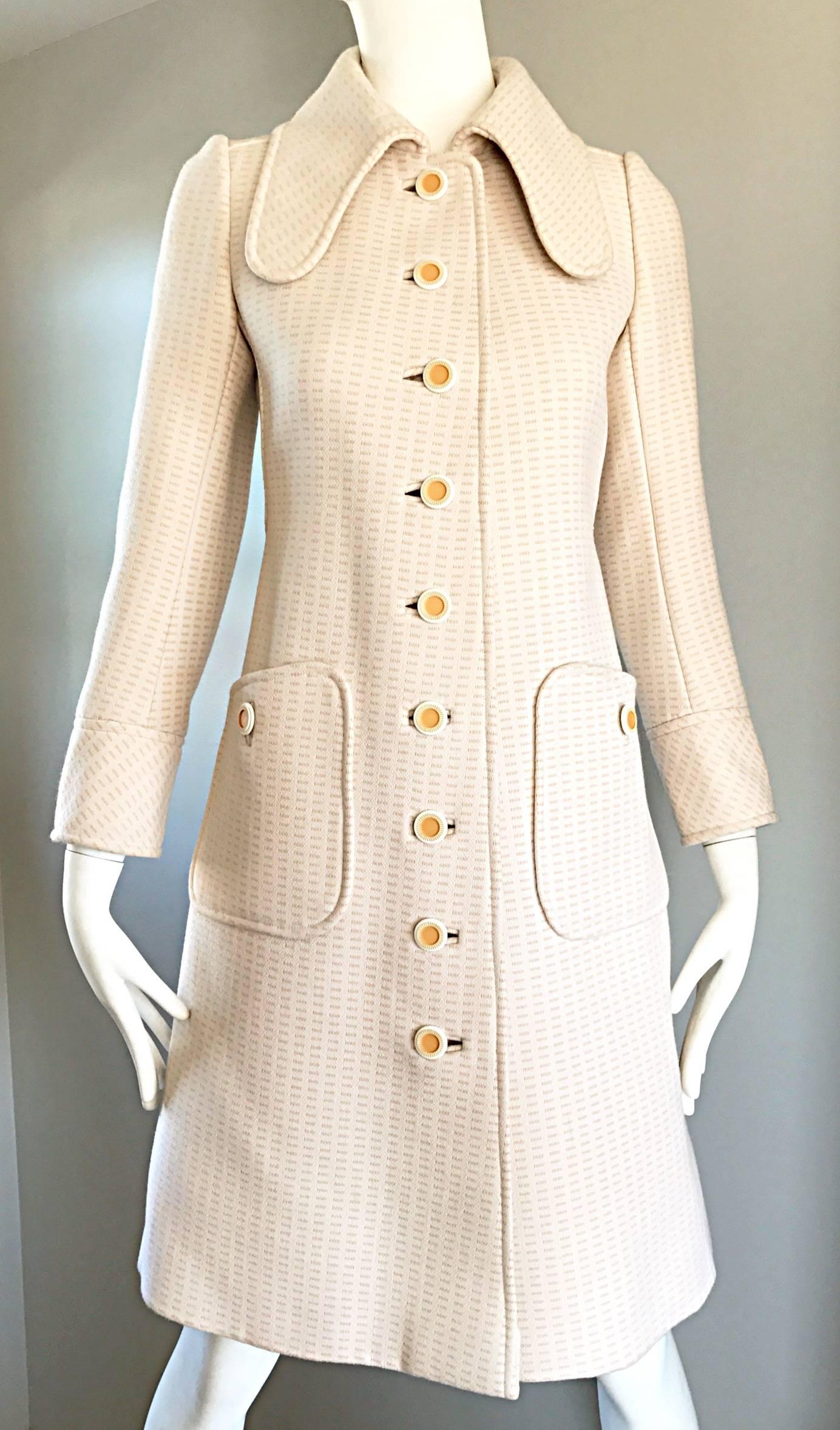 1960s Courreges Haute Couture Rare Vintage Ivory Orange Mod Wool 60s Jacket Coat 1