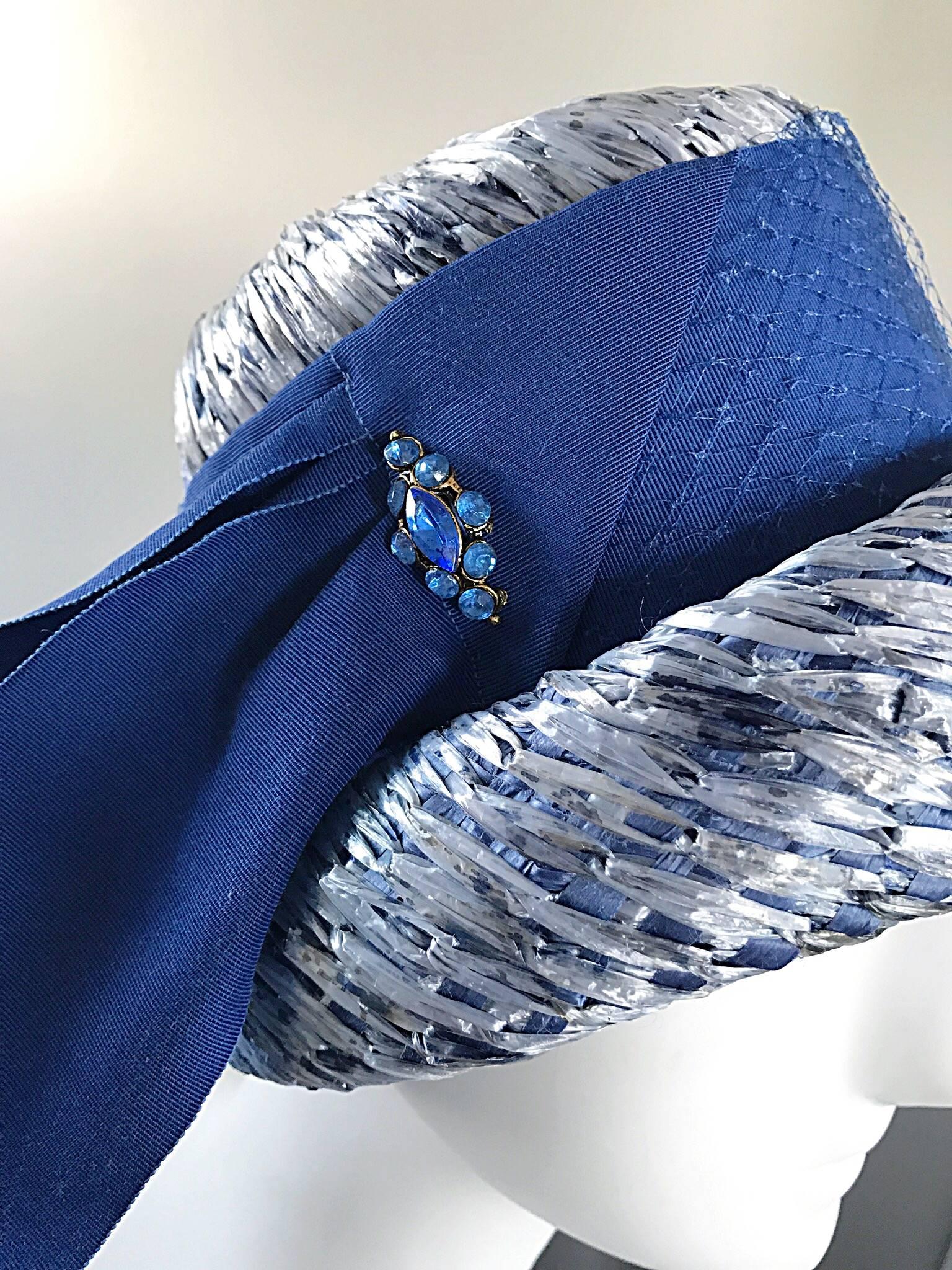1950s Beresford NWT Deadstock Blue Straw + Silk Ribbon Jewled 50s Vintage Hat  For Sale 1