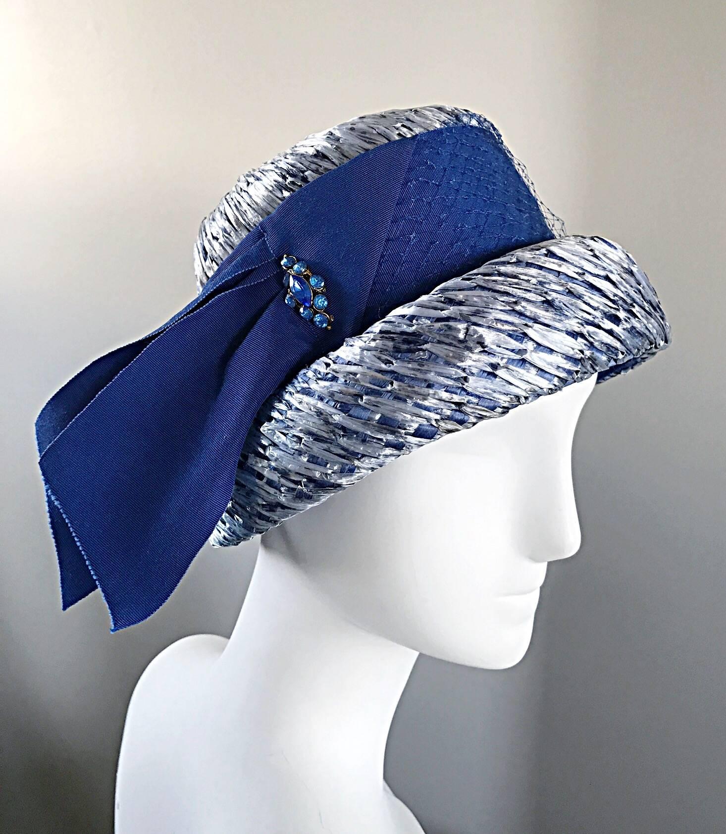 1950s Beresford NWT Deadstock Blue Straw + Silk Ribbon Jewled 50s Vintage Hat In New Condition For Sale In San Diego, CA