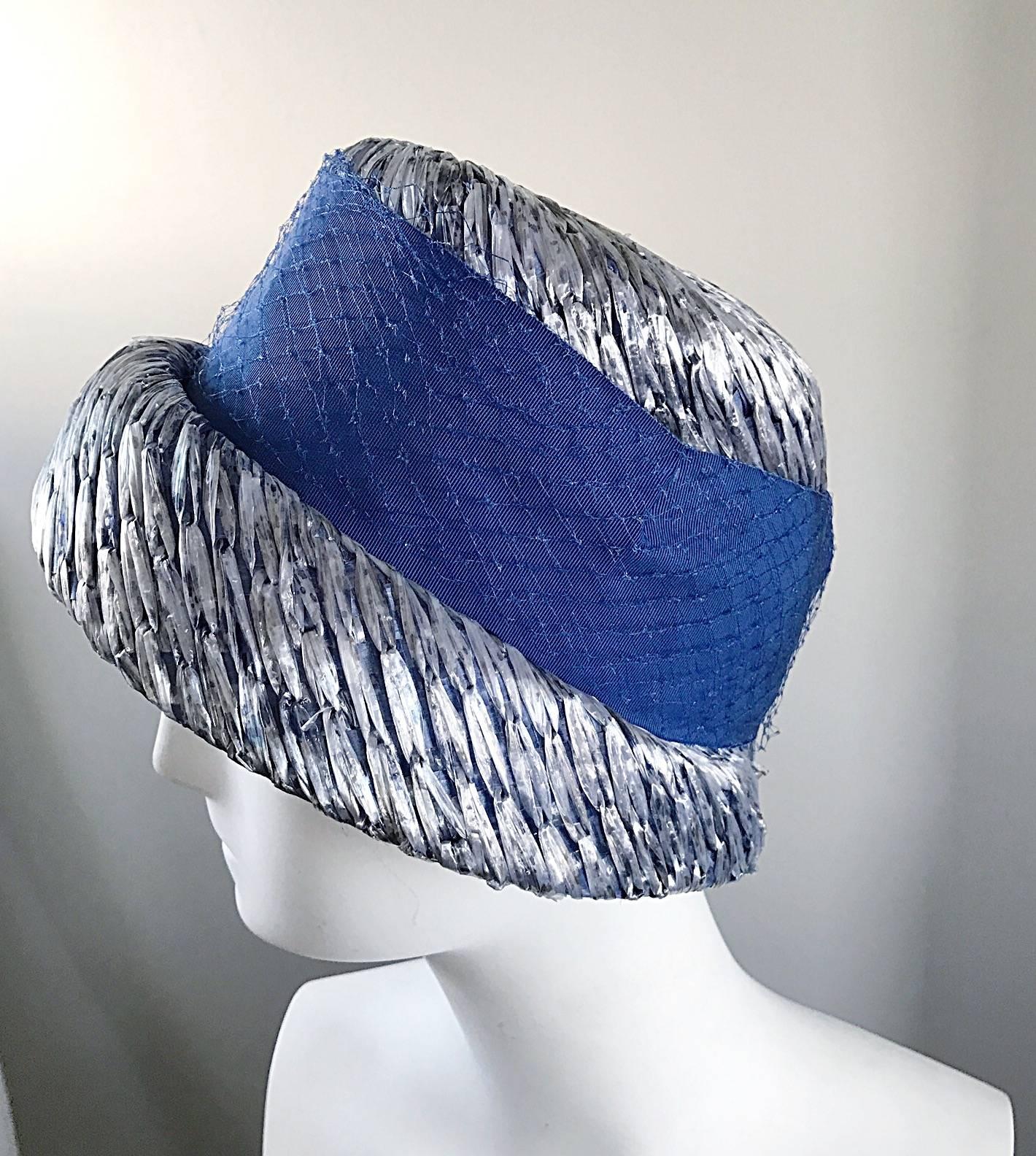 Women's 1950s Beresford NWT Deadstock Blue Straw + Silk Ribbon Jewled 50s Vintage Hat  For Sale