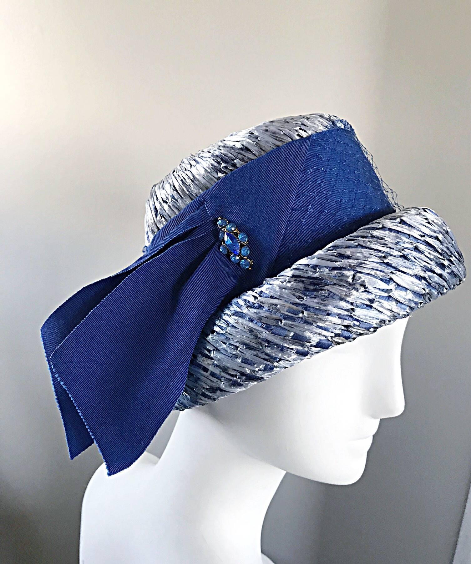 1950s Beresford NWT Deadstock Blue Straw + Silk Ribbon Jewled 50s Vintage Hat  For Sale 2