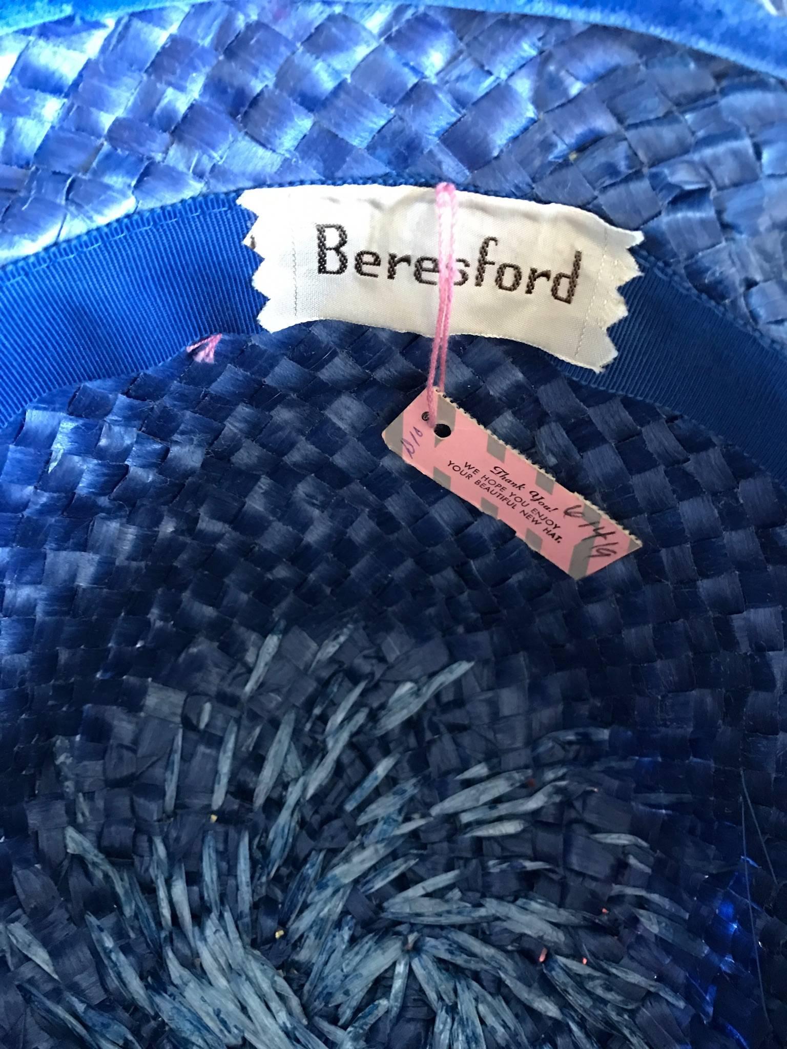 1950s Beresford NWT Deadstock Blue Straw + Silk Ribbon Jewled 50s Vintage Hat For Sale 3