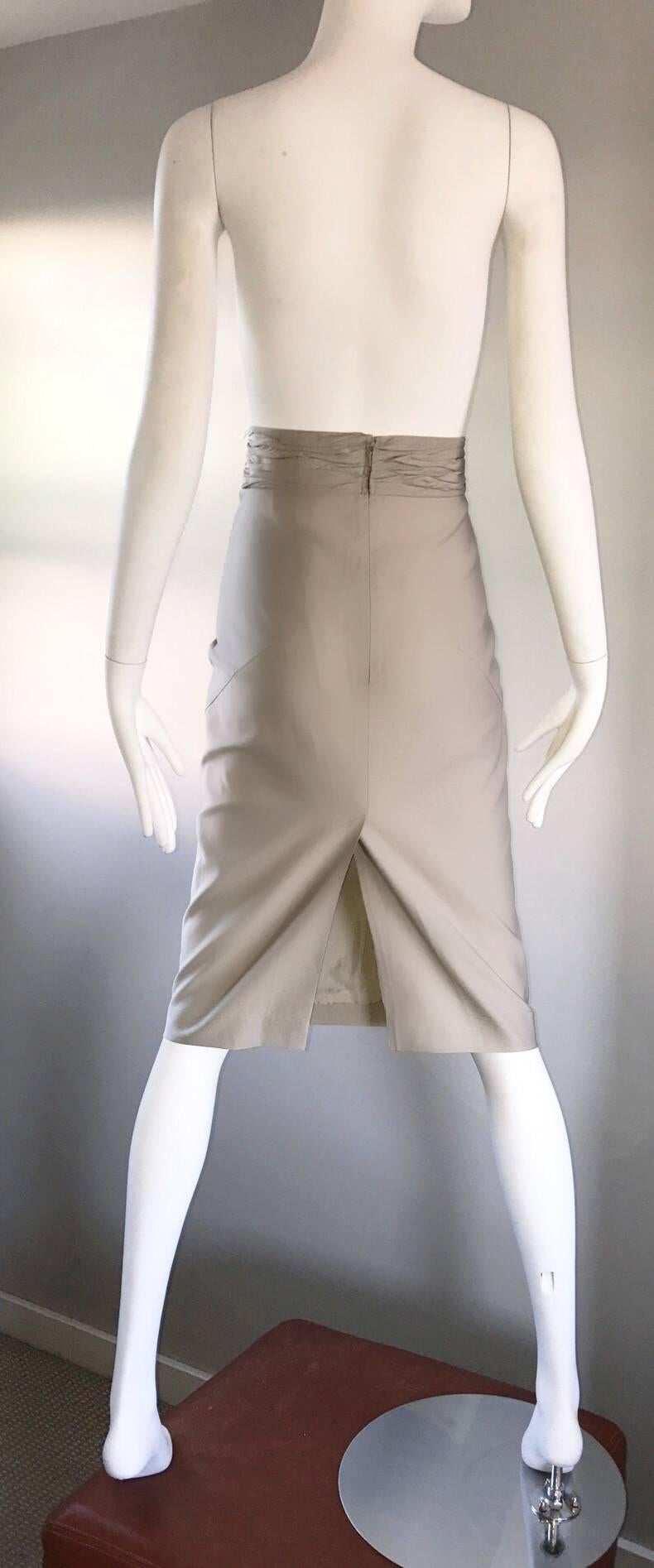 Gray Prada Vintage 1990s Runway Khaki High Waisted 90s Fitted Pencil Skirt  For Sale