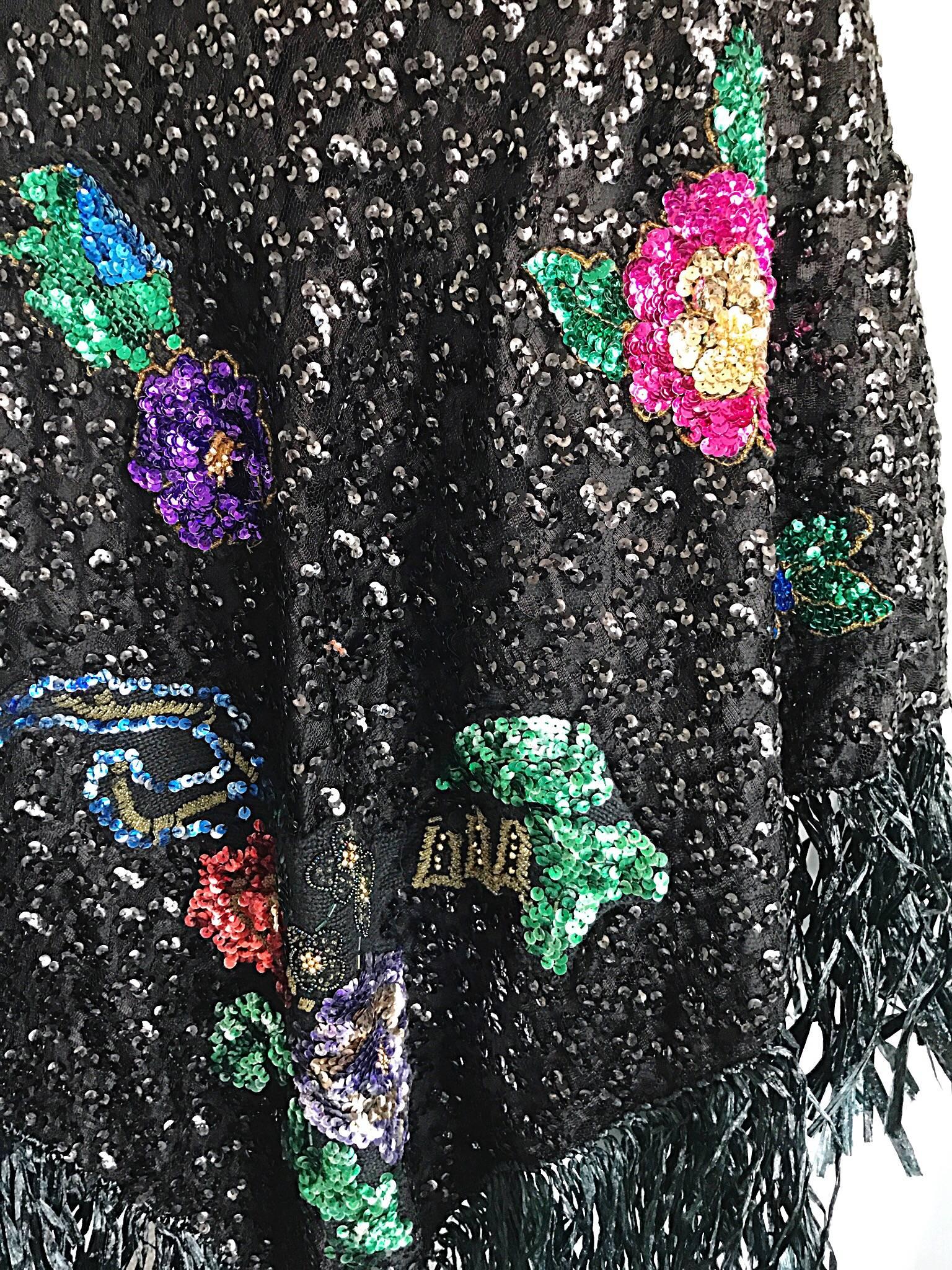 Incredible 1970s Black Sequined Raffia Oversized Jumbo Vintage 70s Piano Shawl  In Excellent Condition In San Diego, CA