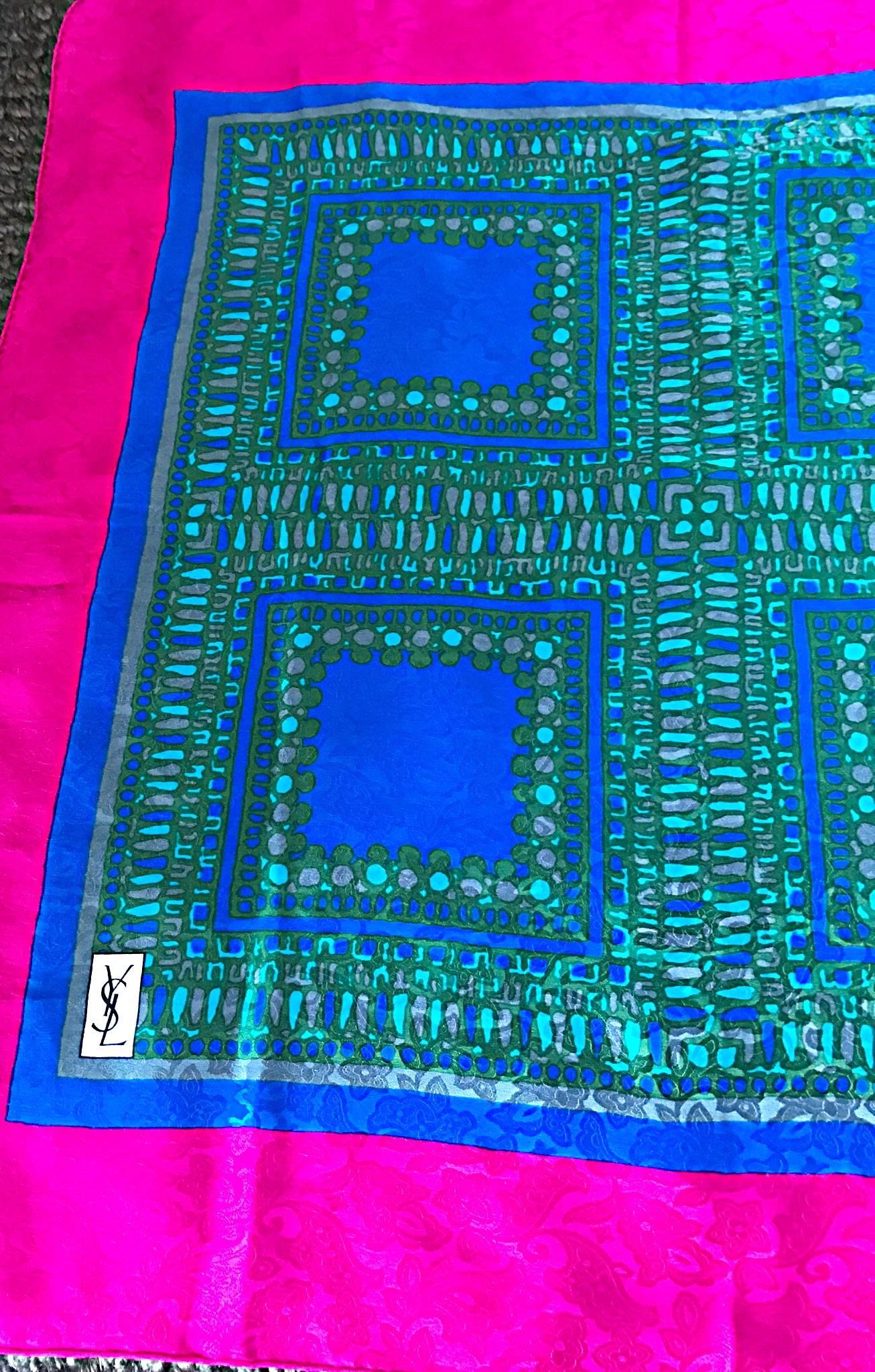 Vintage Yves Saint Laurent YSL Oversized 1970s Pink + Blue 70s Silk Scarf  In Excellent Condition In San Diego, CA