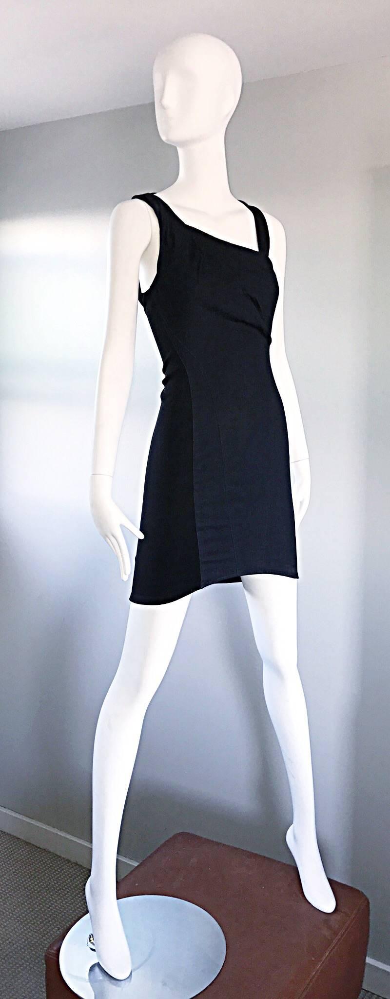 1990s Helmut Lang Indigo Denim and Black Vintage Bodycon ' Bondage ' 90s Dress  In Excellent Condition For Sale In San Diego, CA